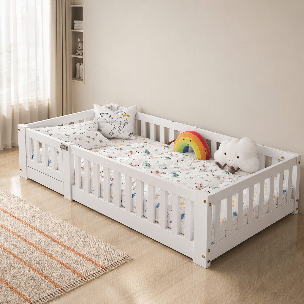 Simurq Kinderbett mit Sicherheitsgitter, Bodenbett aus Massivholz, Montessori Bett (1 tlg, ohne Matratze, Mit Lattenrost), Bodenbett für Kleinkinder, Minimalistisch, Niedrigbett, Weiß