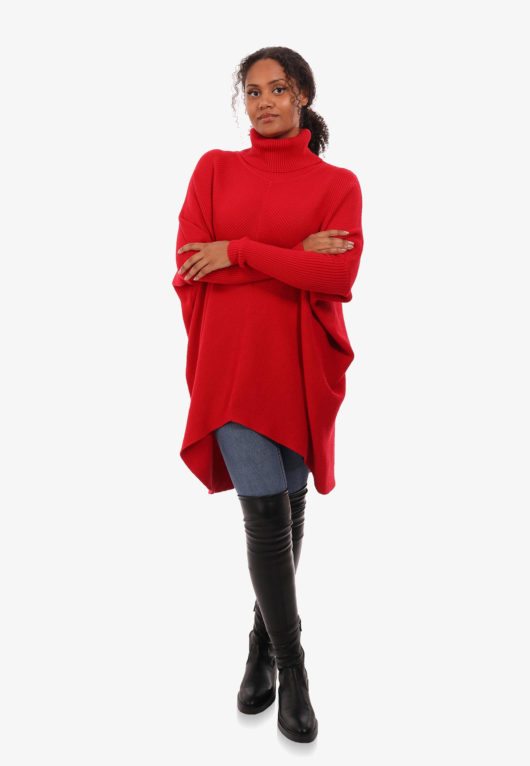 überschnittenen (1-tlg) mit Longpullover mit in Unifarbe, Fashion Strickpullover Size Rollkragen Schultern YC Plus asymmetrisch rot Style &