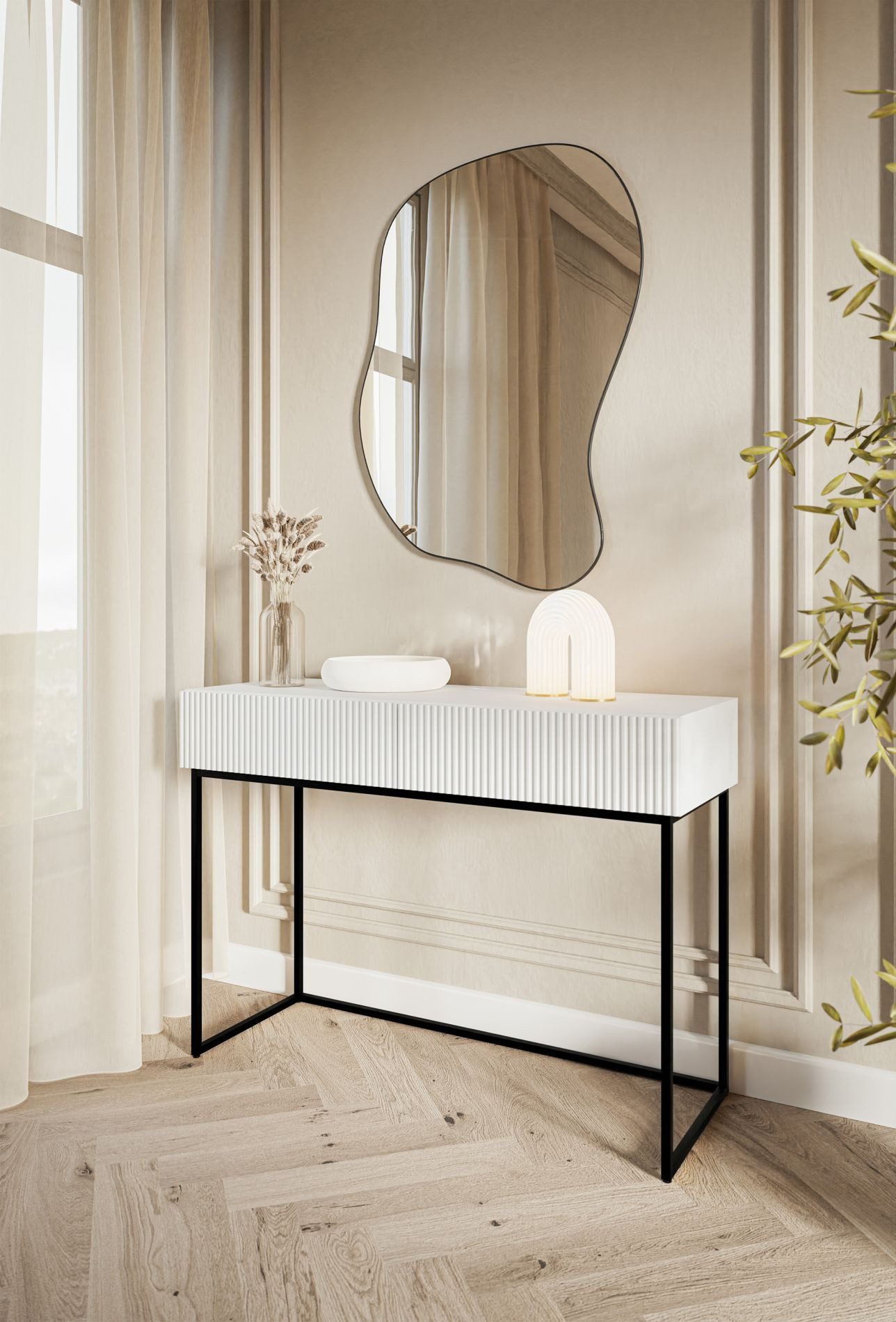 Selsey Schminktisch VELDIO, 2 Schubladen mit geriffelten Fronten, Metallgestell, 110 cm breit