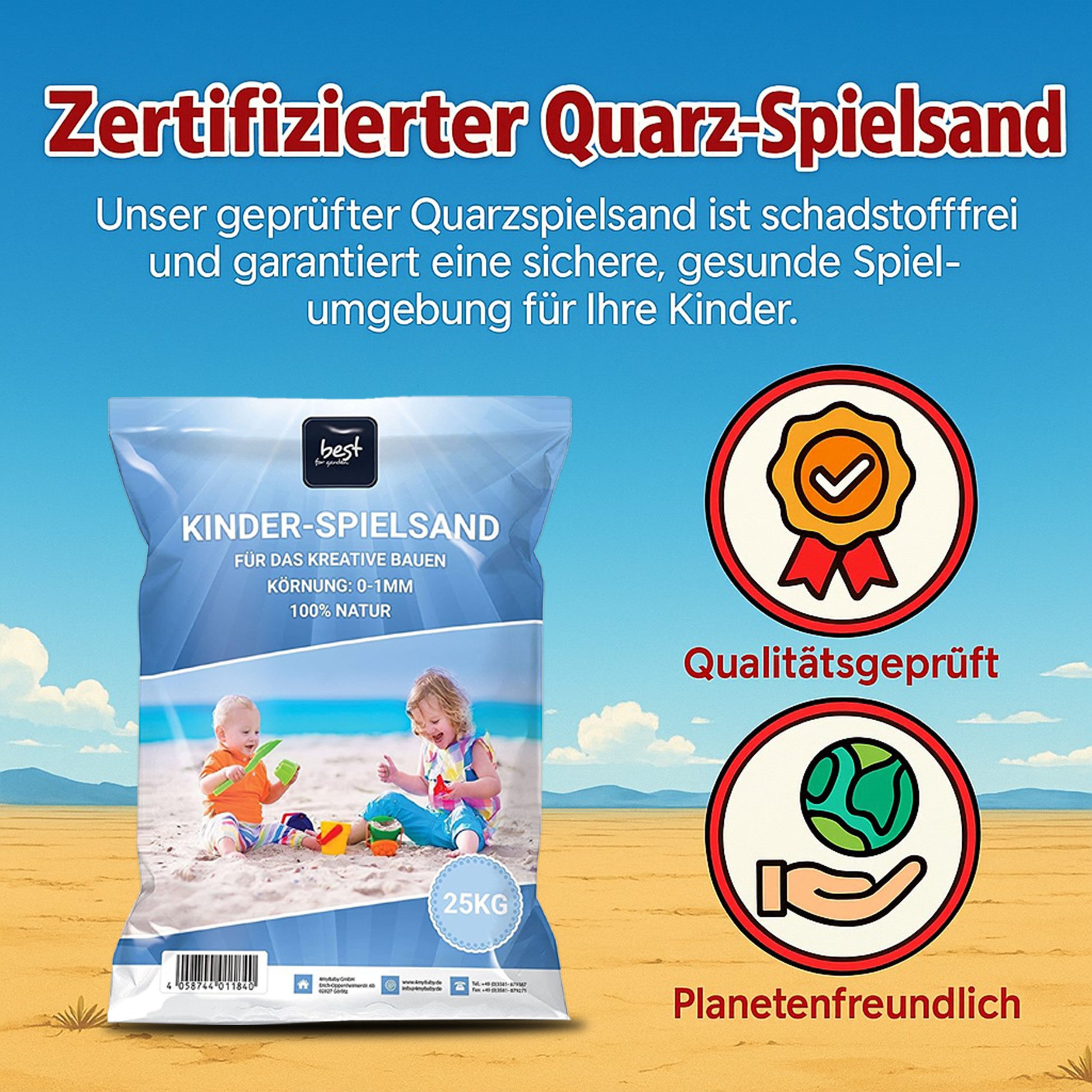 Best for Garden Spielsand 25 kg Feiner Spielsand – Natürlicher Quarzsand für sicheren Spielspaß (25kg Packung), Quarzsand für Sandkasten Dekosand