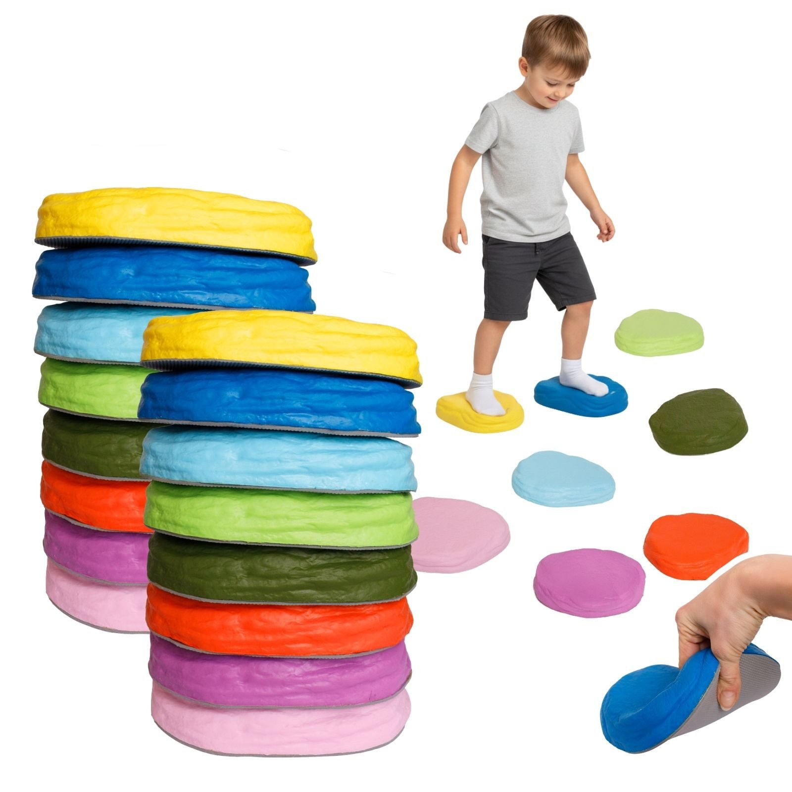 alldoro Stapelspielzeug Soft-Balanciersteine, 16 Trittsteine, rutschfest, stapelbar & leise, in 8 Farben, aus Schaumstoff, für Kita, Zuhause und Physiotherapie