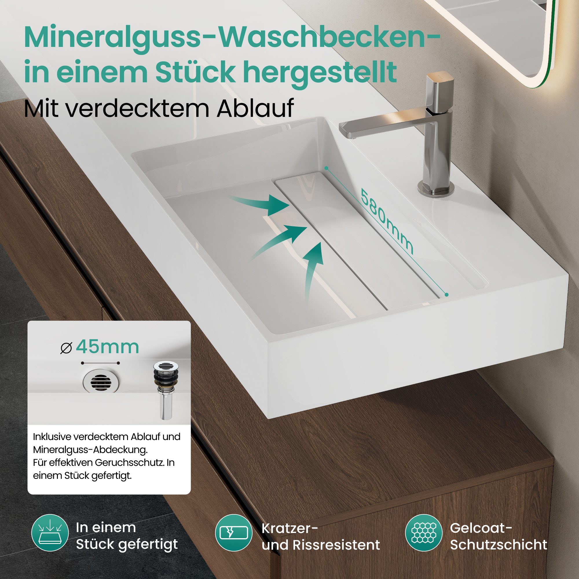 Mai & Mai Badmöbel-Set Waschtisch mit Unterschrank 150cm Mineraglguss Waschbecken UP – Bild 2 von 5