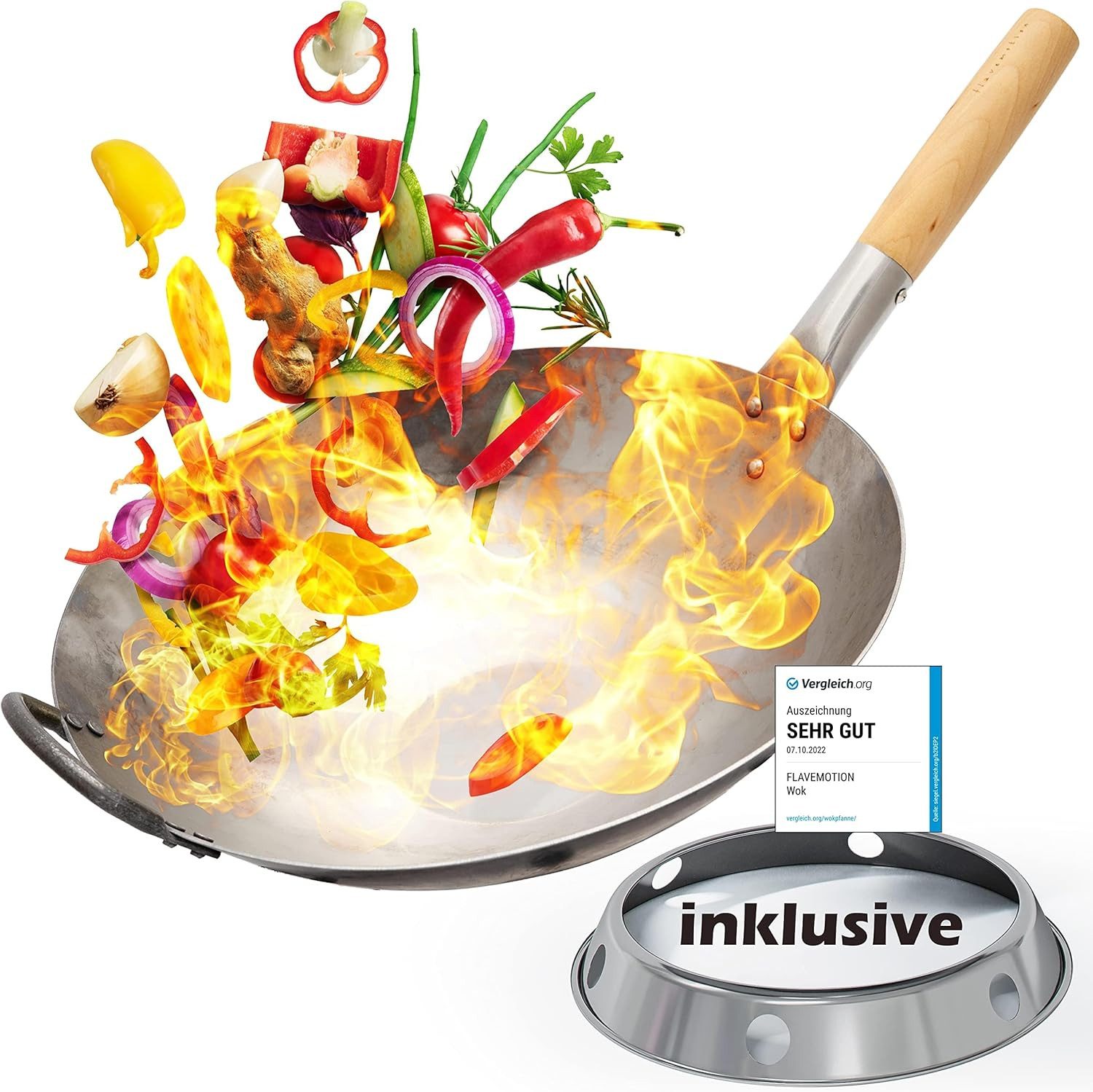 Flavemotion Wok Pfanne inkl. Wokring - Wokpfanne für Induktion, Grill und Gasherd, Wok Pfanne aus robusten Karbonstahl
