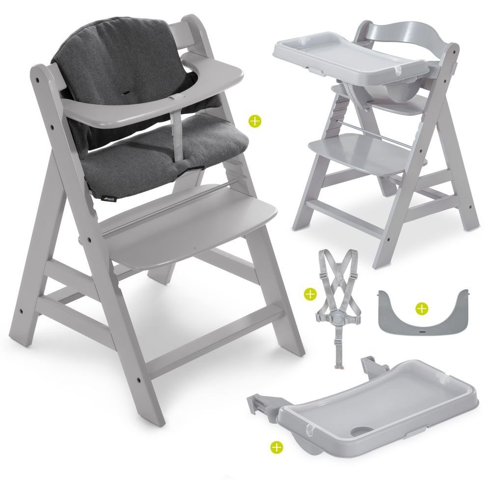 (Set), Kinderhochstuhl mit verstellbar, Essbrett, Sitzkissen mitwachsend Hochstuhl Plus Grau Holz Hauck Alpha