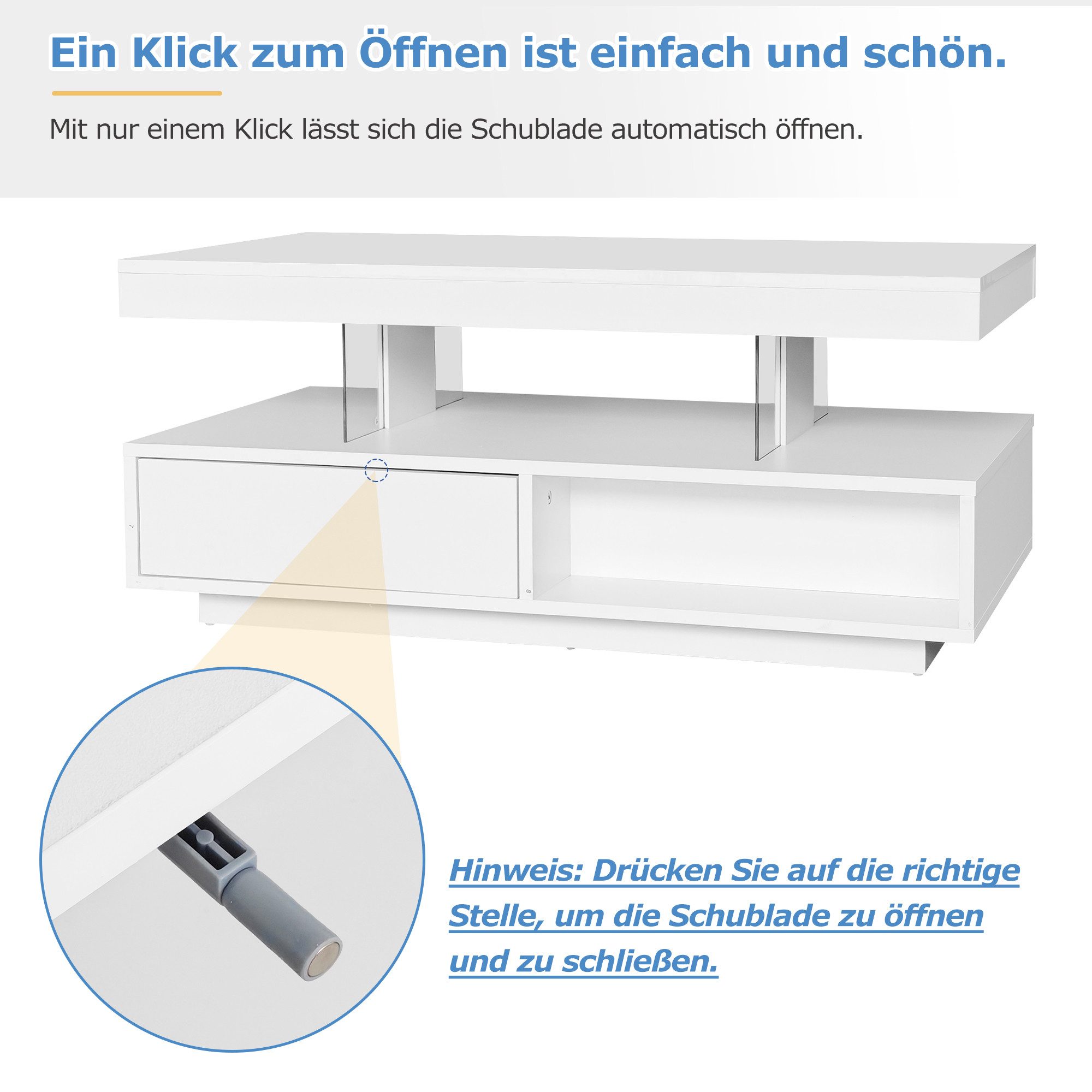 Merax Couchtisch mit 2 Schubladen und Stauraum, Beistelltisch Hochglanz mit LED inkl. APP, Wohnzimmertisch – Bild 5 von 5