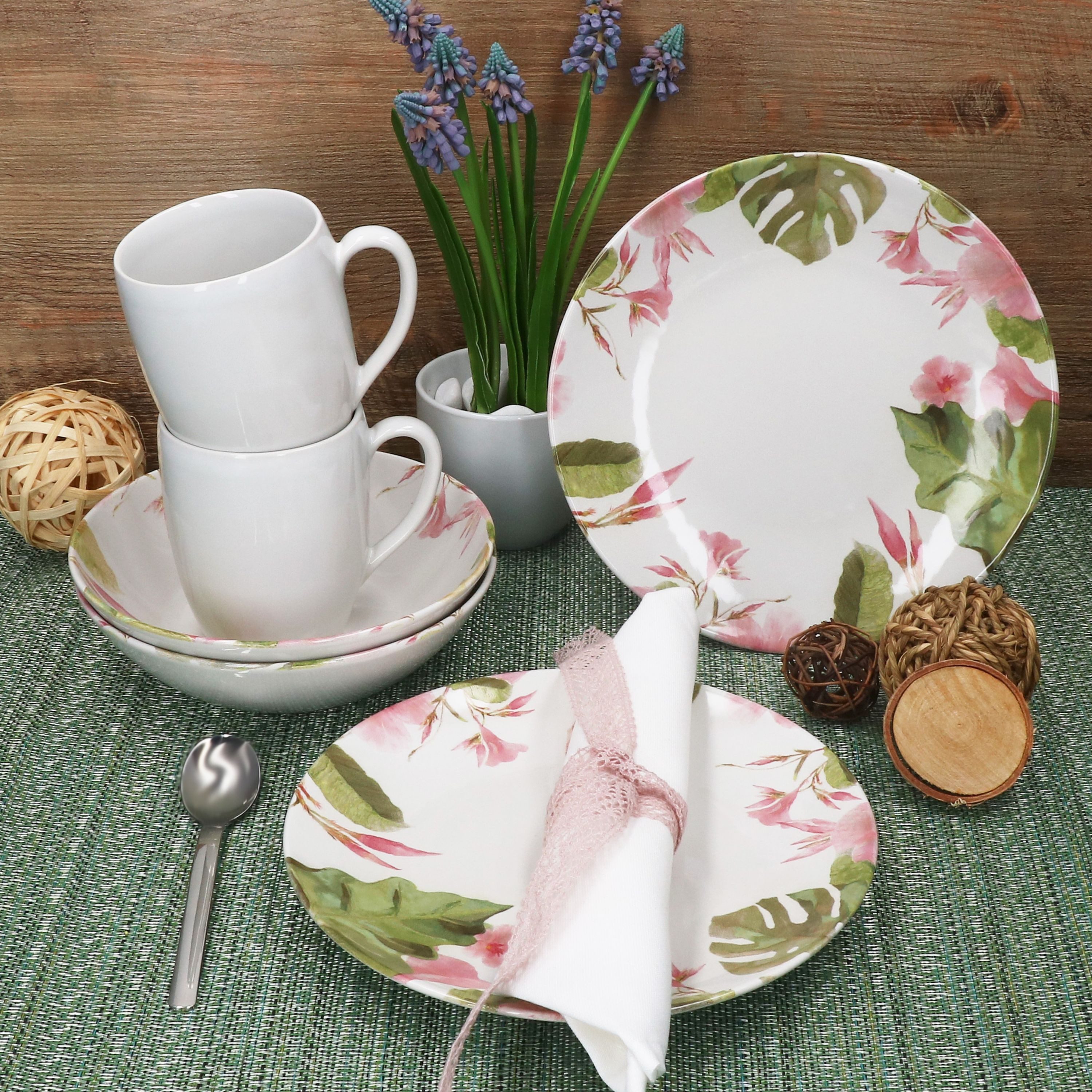 MÄSER Frühstücks-Geschirrset Ossia 6tlg Exotic Tearose Frühstücksset Teller Becher Müsli-Schale, Steingut