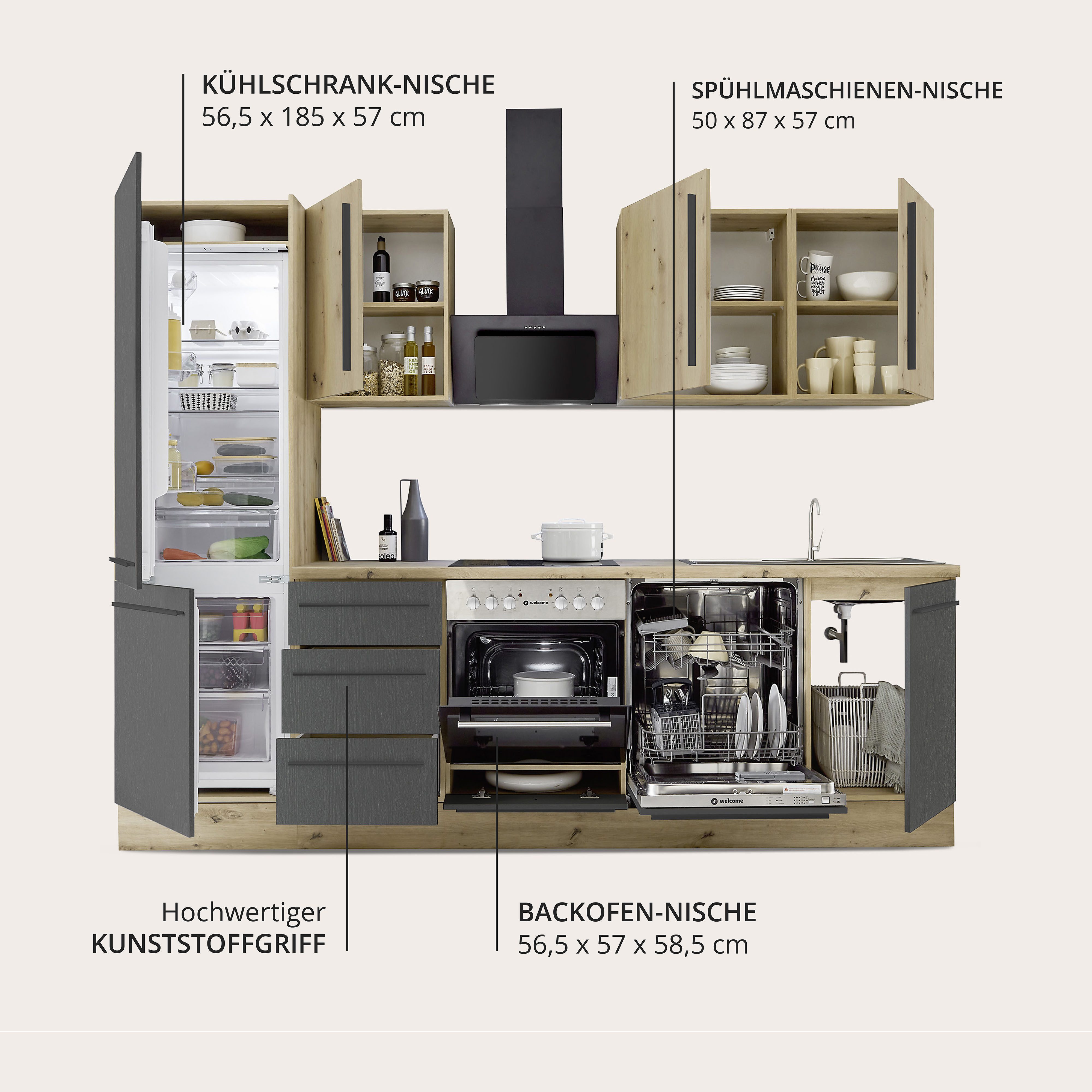 KOCHSTATION Küchenzeile KS-Florida mit 38mm starker Arbeitsplatte, Breite 280 cm, wahlweise mit E-Geräten, Soft-Close-Funktion