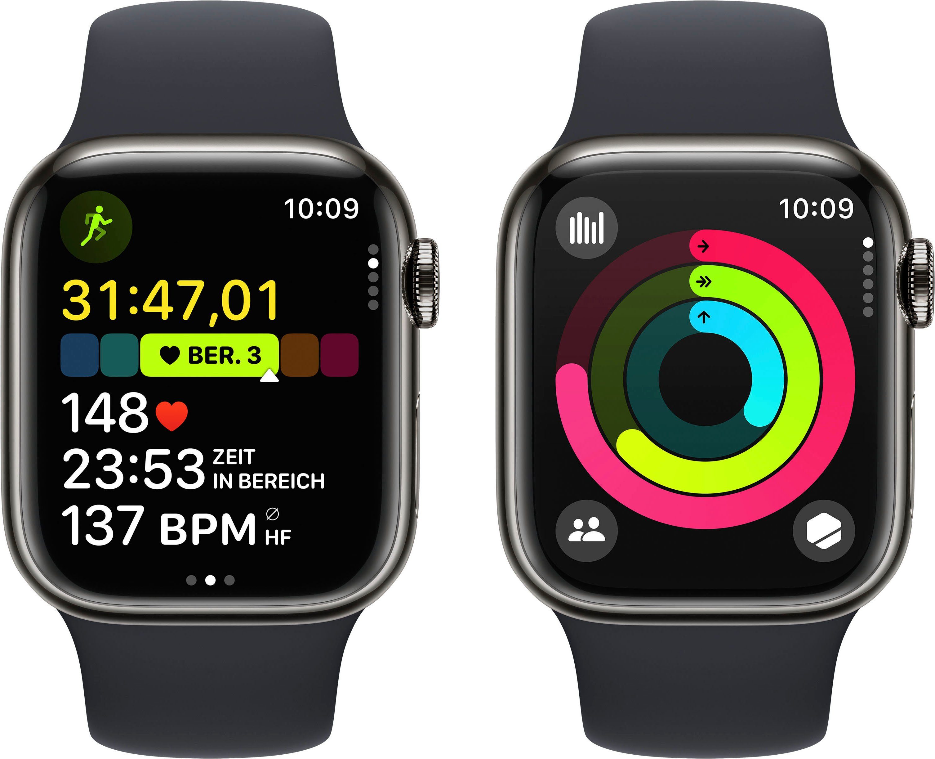 Apple Watch Series 9 Smartwatch Band Edelstahl + OS Mitternacht Sport Cellular Watch 41mm Zoll, 10), (4,1 GPS Graphite cm/1,61 