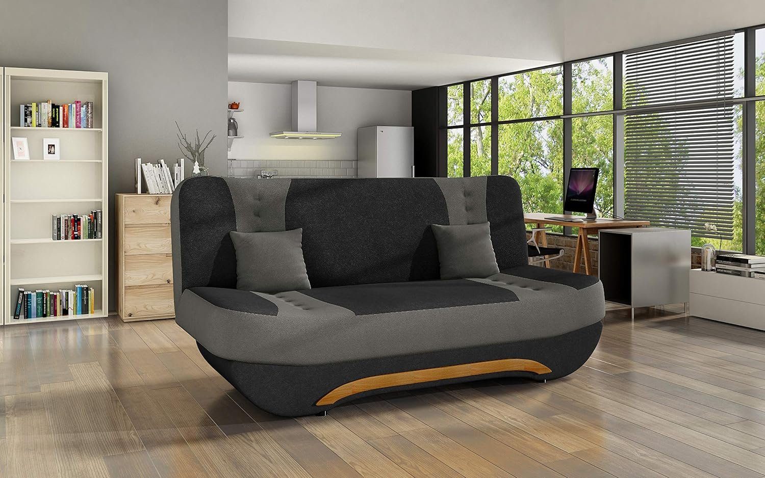 Wohnzimmer Alova und Feba, Klappsofa 04 Couch Polstersofa Sofagarnitur Grau Kippsofa mit Schwarz (Alova + + Click-Clack, 10) für Schlafsofa Schlaffunktion MOEBLO Bettkasten