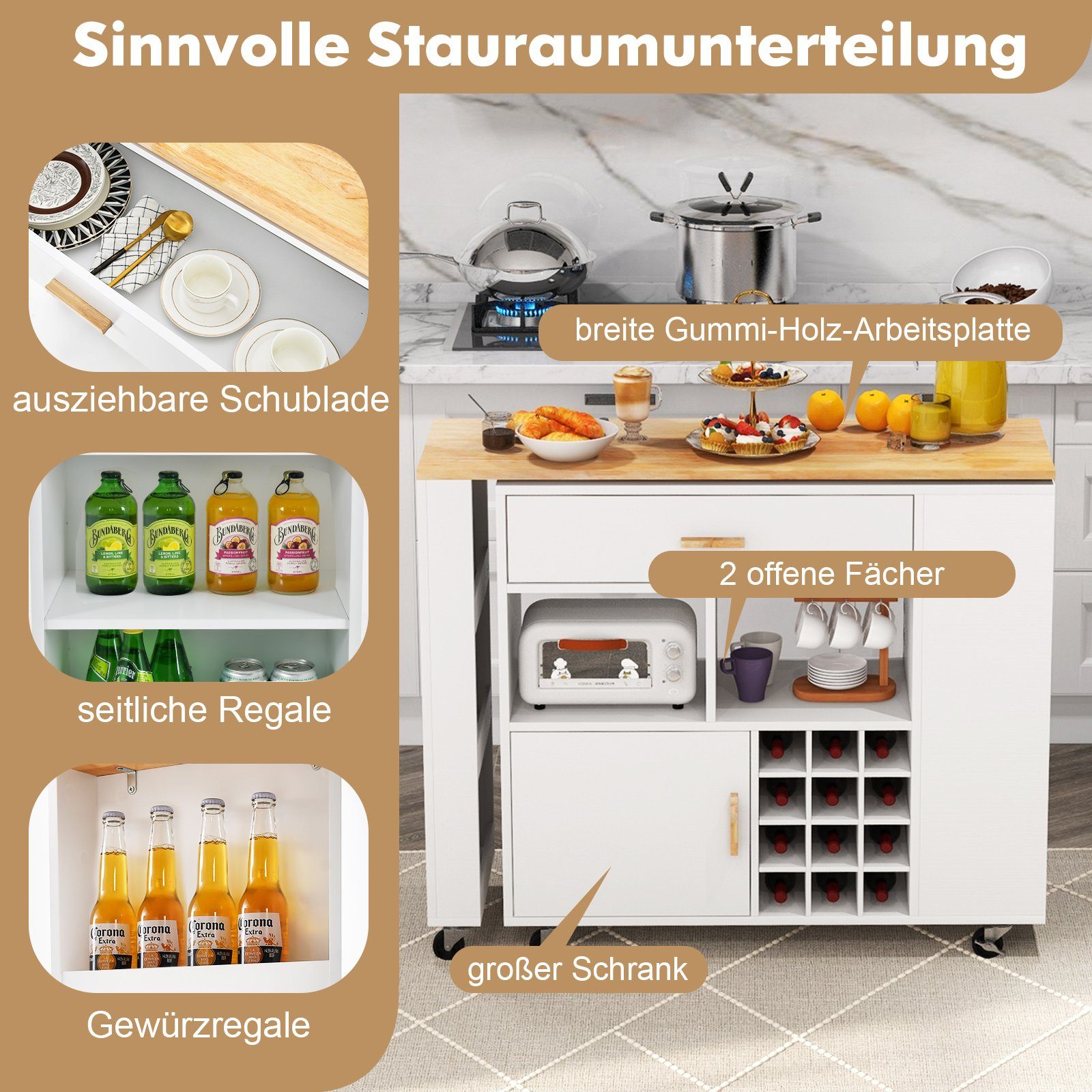 COSTWAY Küchenwagen, mit ausziehbarer Arbeitsplatte & Rollen, Schublade, Weinregal