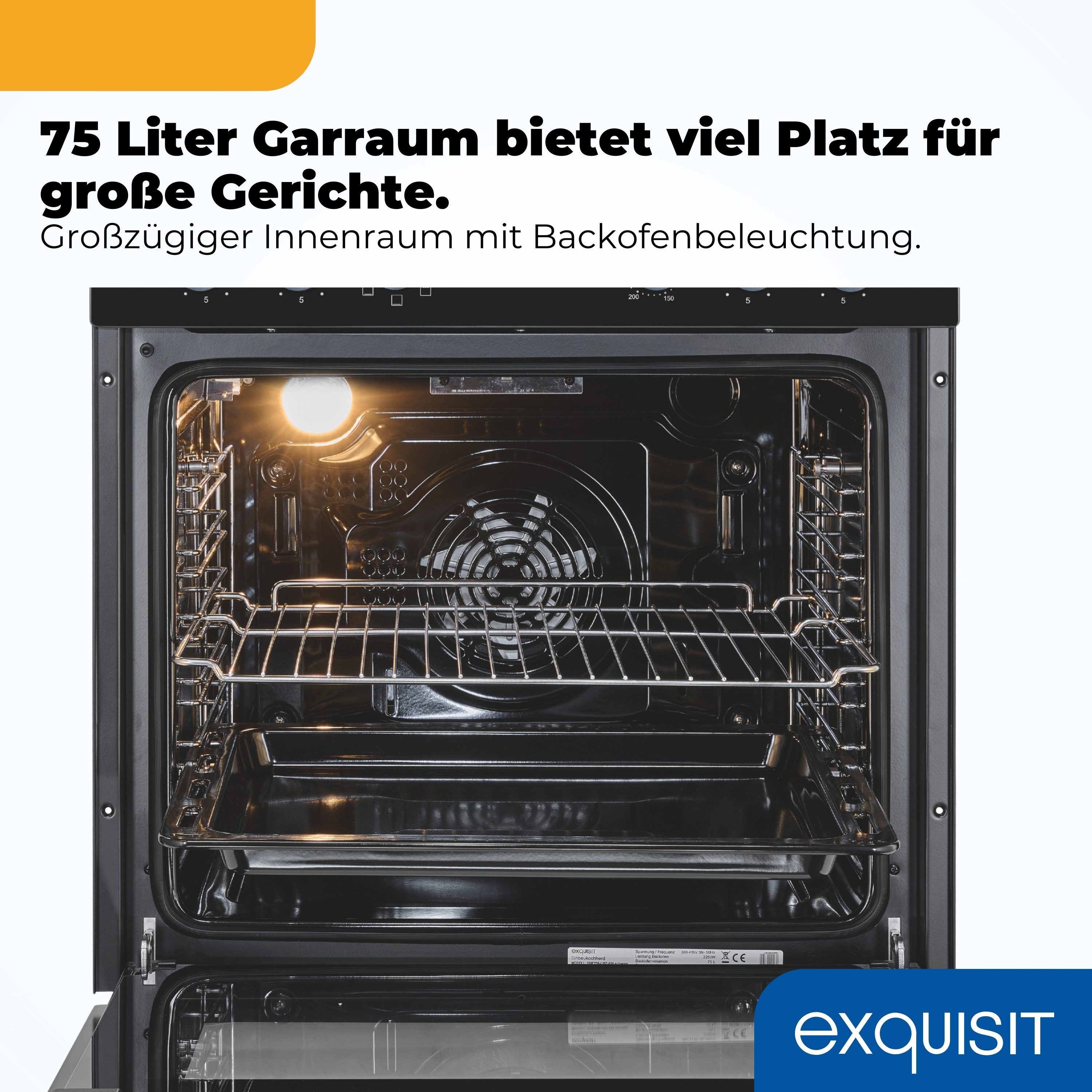 exquisit Backofen-Set EHE5258-UBZ-020, mit Teleskopauszug nachrüstbar, 75 Liter Garraum, 7 Funktionen, Restwärmeanzeige