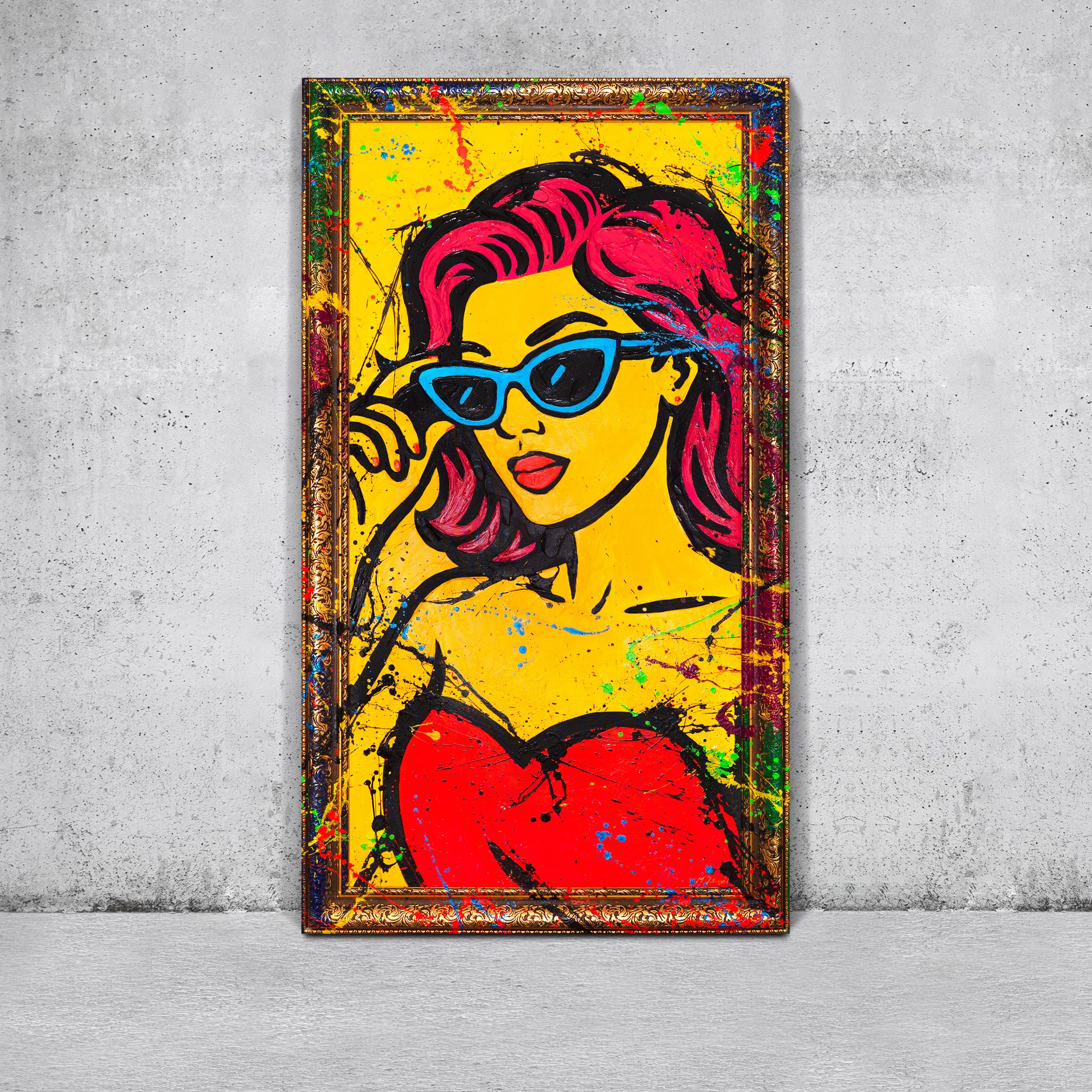 YS-Art Живопис Kontrastreicher Auftritt, Menschen, Leinwandbild cooles Mädchen, Frau mit Brille, gerahmt, bunt