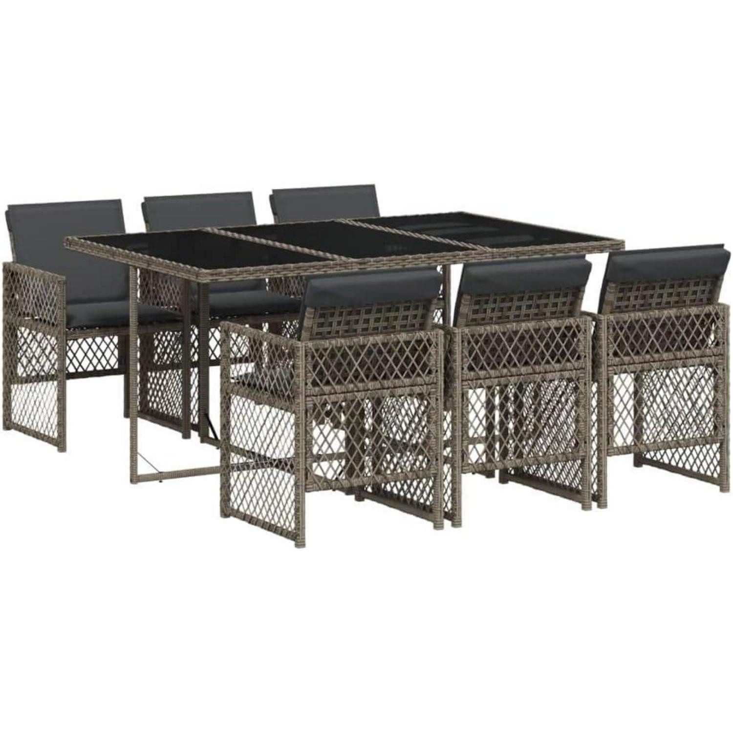 LuxusKollektion Garten-Essgruppe Essgruppe Garten 7 TLG Poly Rattan 6 Stühle Kissen Glas Grau