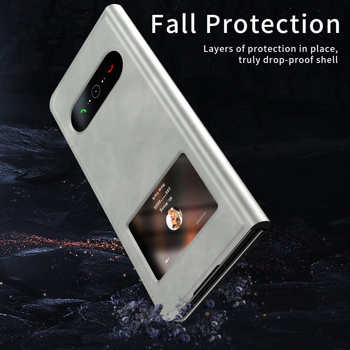Wigento Handyhülle Für Samsung Galaxy Z Fold4 5G Window View Flip Cover Kunstleder Handy Tasche Hülle Etuis Grau