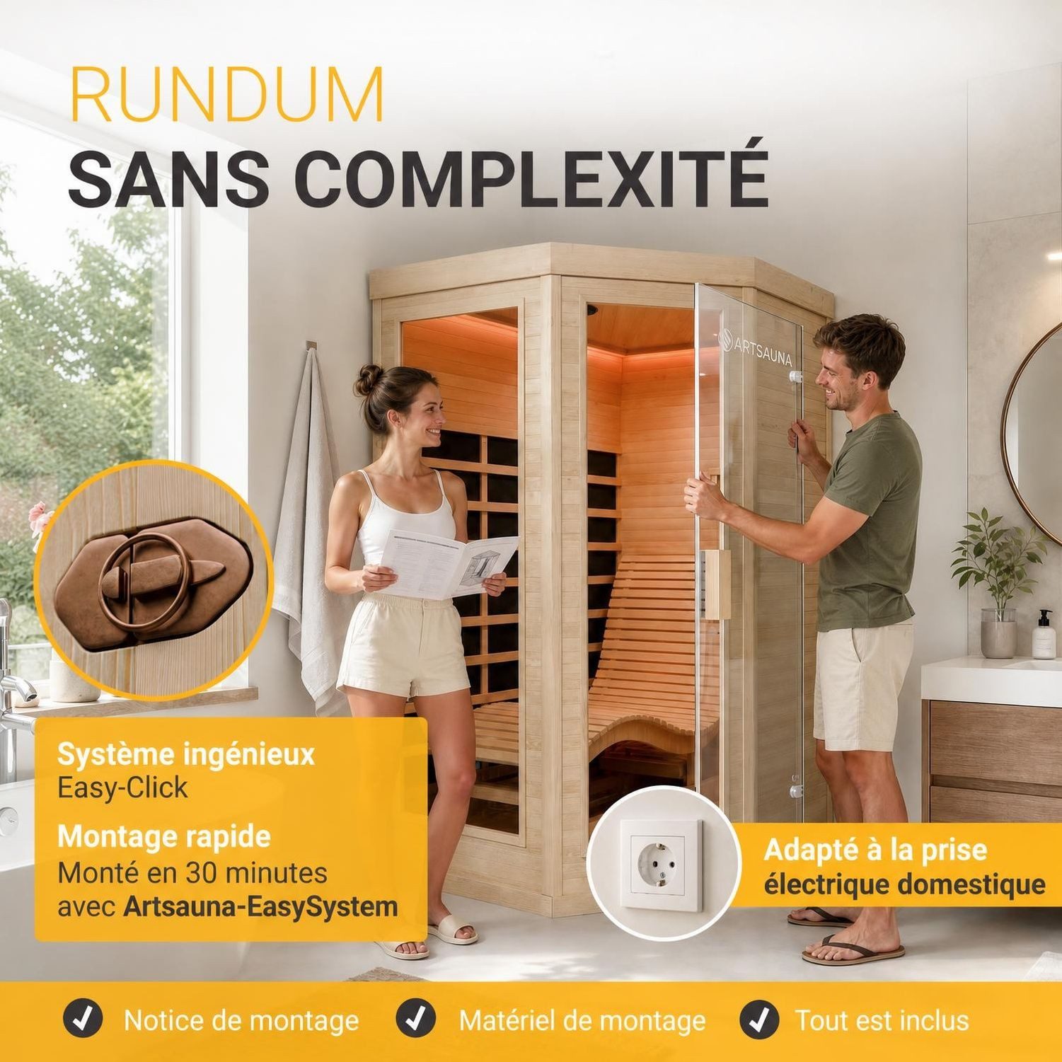 Artsauna Infrarotkabine Kolding Triplex-Heizsystem, für 2 Personen, Hemlock-Holz, Ionisator, HiFi-System, LED-Farblicht