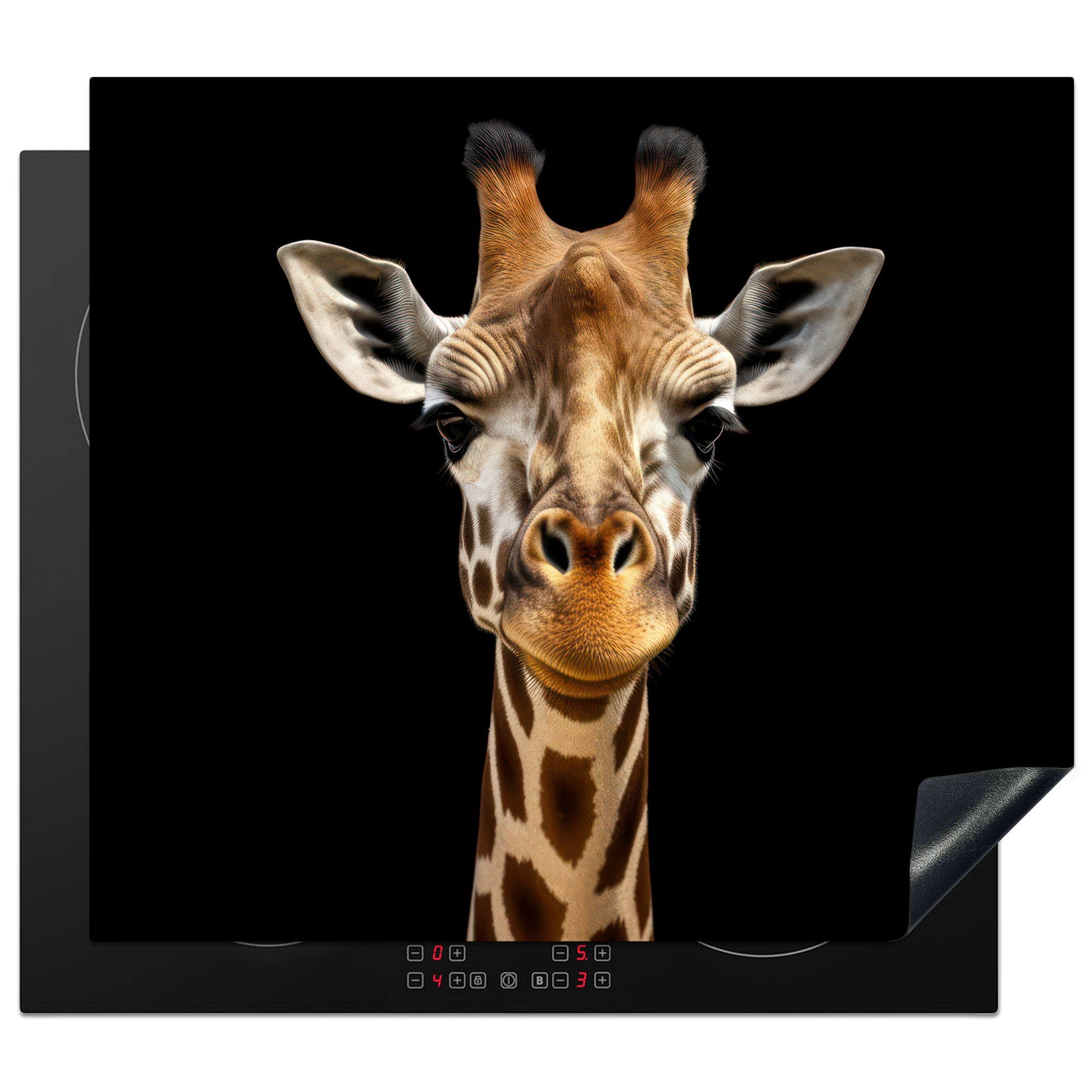 60x52 Ceranfeldabdeckung nutzbar, Giraffe cm, Herdblende-/Abdeckplatte MuchoWow Vinyl, - Schwarz, Porträt Mobile Tiere Arbeitsfläche (1 - - tlg),