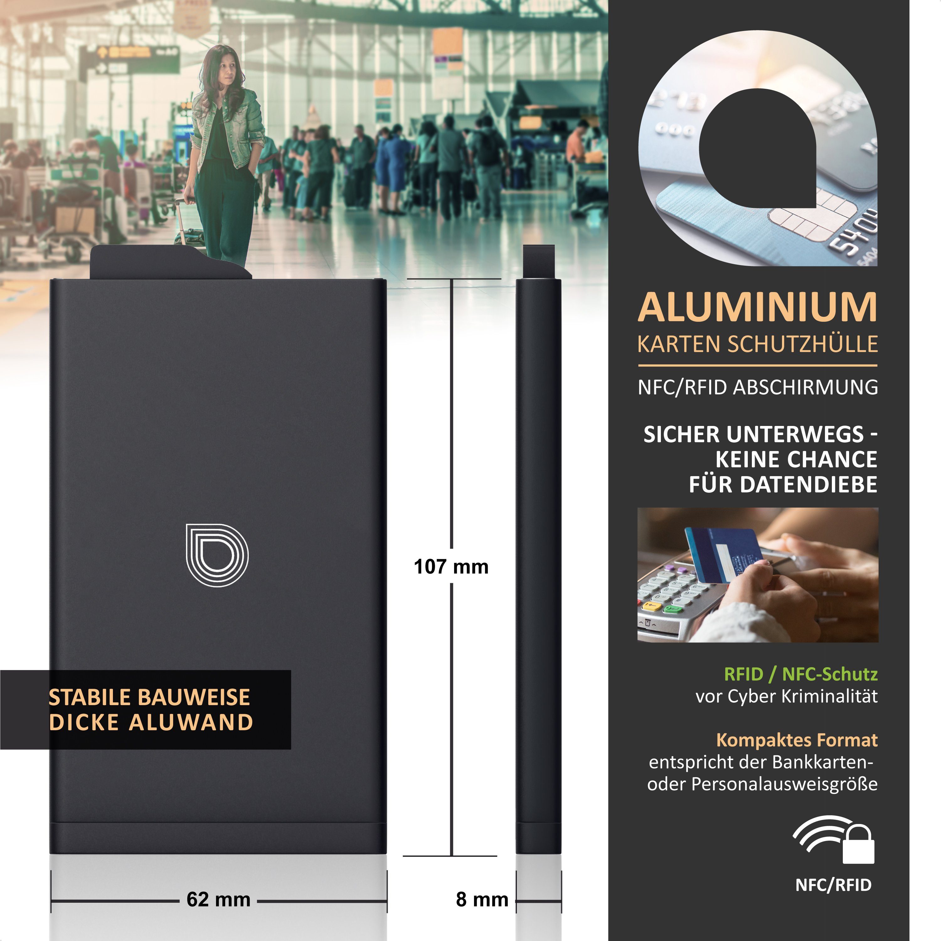 Aplic Kartenetui Kartentresor aus Aluminium, kompakt und stabil, sichere Aufbewahrung, Karten Schutzhülle aus Alu für 6 Karten NFC / RFID Abschirmung Blocker