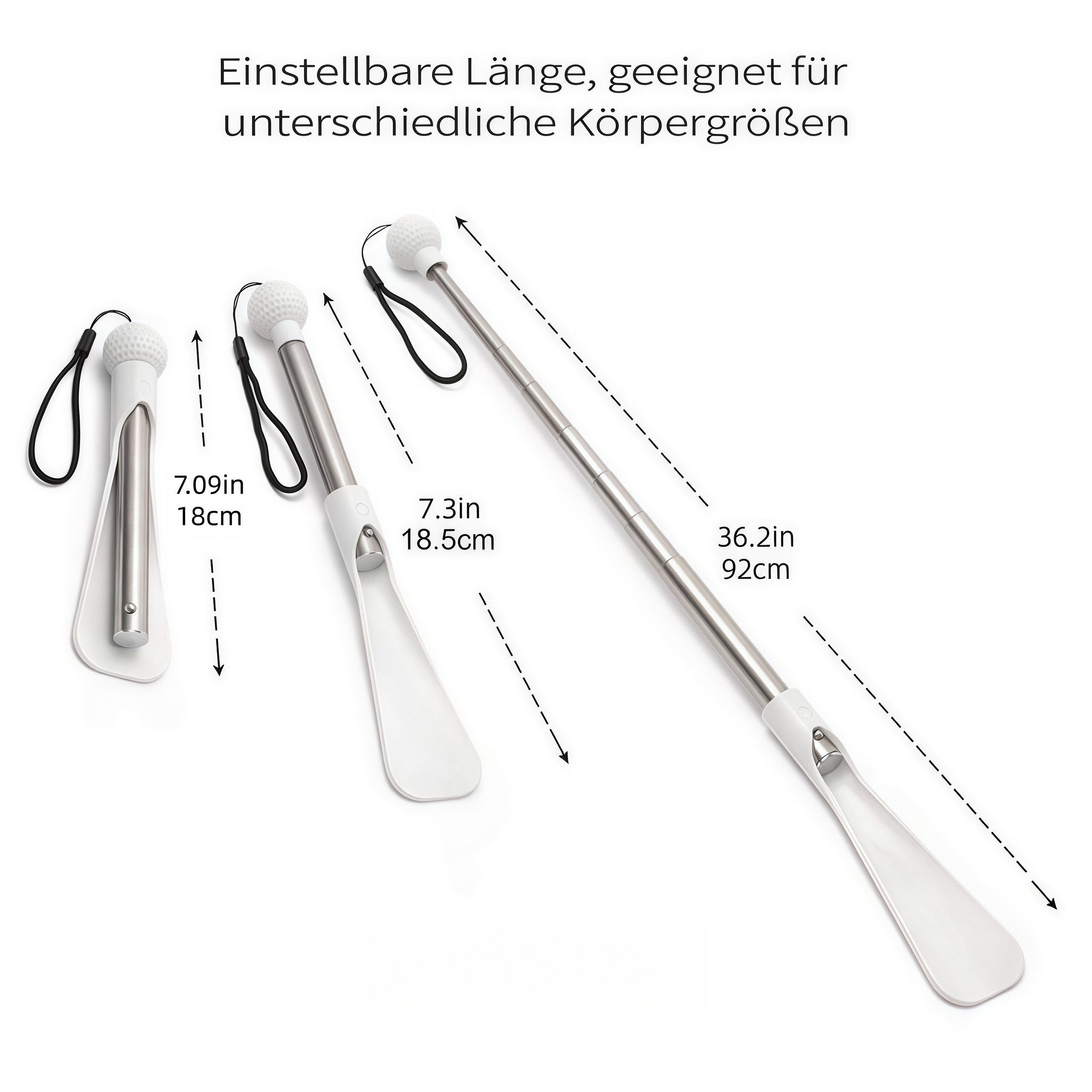 FOUORTUNATE-BEE Schuhlöffel Teleskop-Schuhanzieher aus Edelstahl 18–92 cm mit Kugelgriff, Langer Schuhanzieher mit komfortablem Griff für bequemes Anziehen