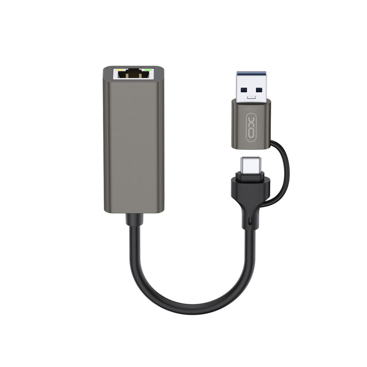 XO HUB018 USB-Adapter USB-A, USB-C zu RJ45 (weiblich), 2-in-1 Adapter: USB-A & USB-C zu RJ45, 100 Mbps Ethernet