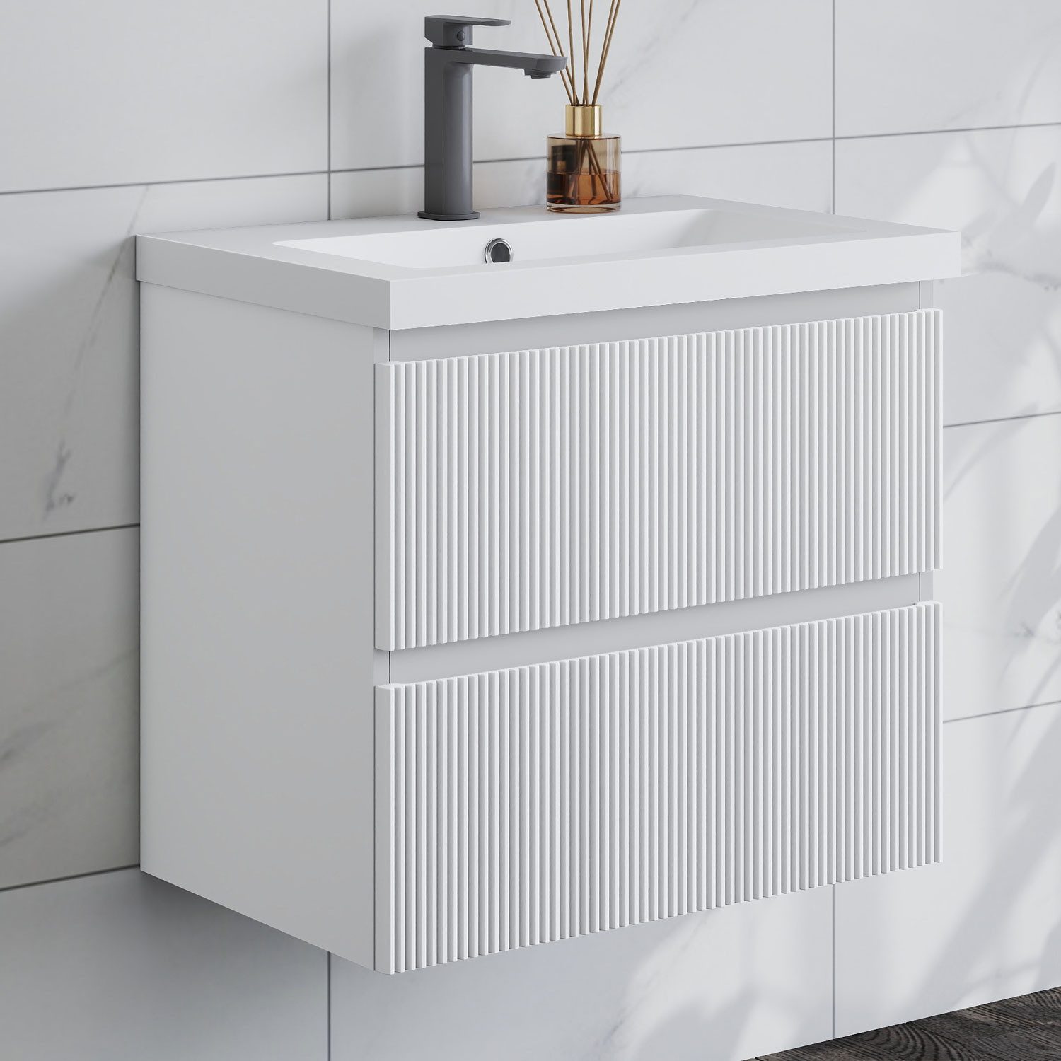 duschspa Waschtisch Waschbecken mit Unterschrank Badmöbel Set Hängeschrank, Weiß/Schwarz, 50-120 cm