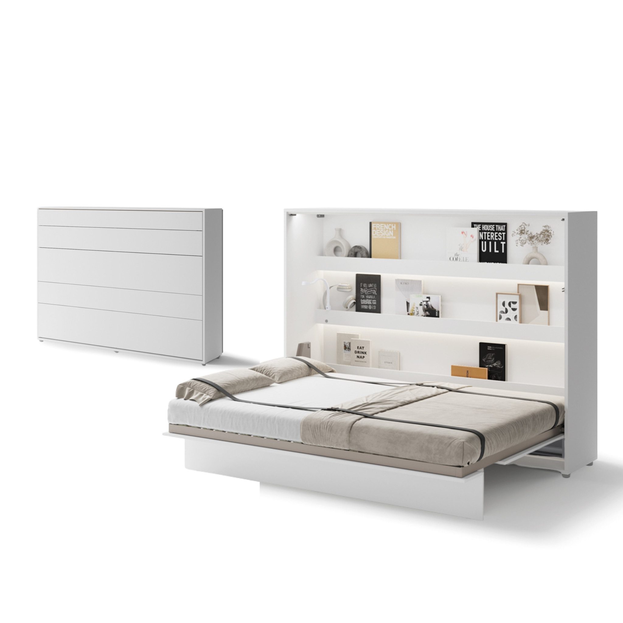 Friderik-EU Schrankbett Horizontal Wandklappbett Lenart Bed Concept - inklusive Trageservice (mit LED) Horizontal Wandklappbett mit pneumatischer Hebehilfe, Soft-Close