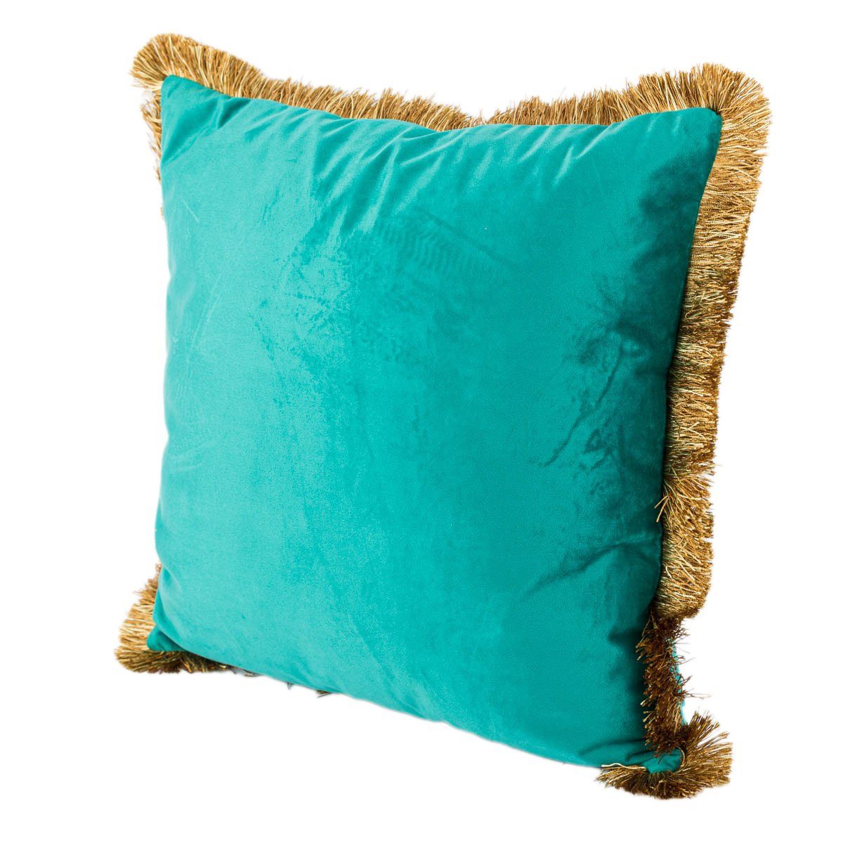SCHÖNER LEBEN. Dekokissen Kissen Samtoptik mit Fransenrand türkis gold 45x45cm