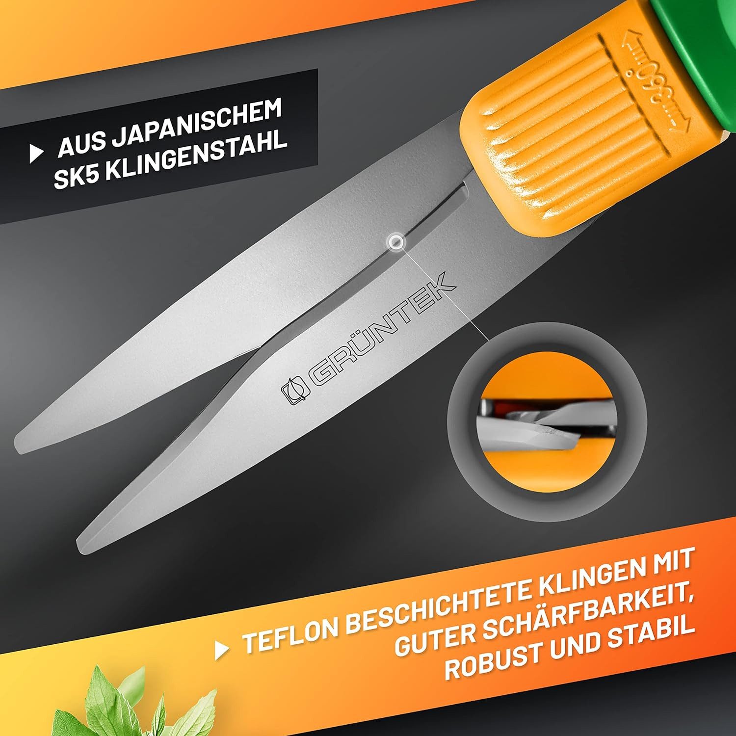 GRÜNTEK Grasschere Teflon Rasenschere SEGLER 360° drehbarer Schneidekopf, mit Handschutz, Rasenkantenschere 380 mm, ergonomische Griffe, Anti-Haft beschichtet – Bild 3 von 5