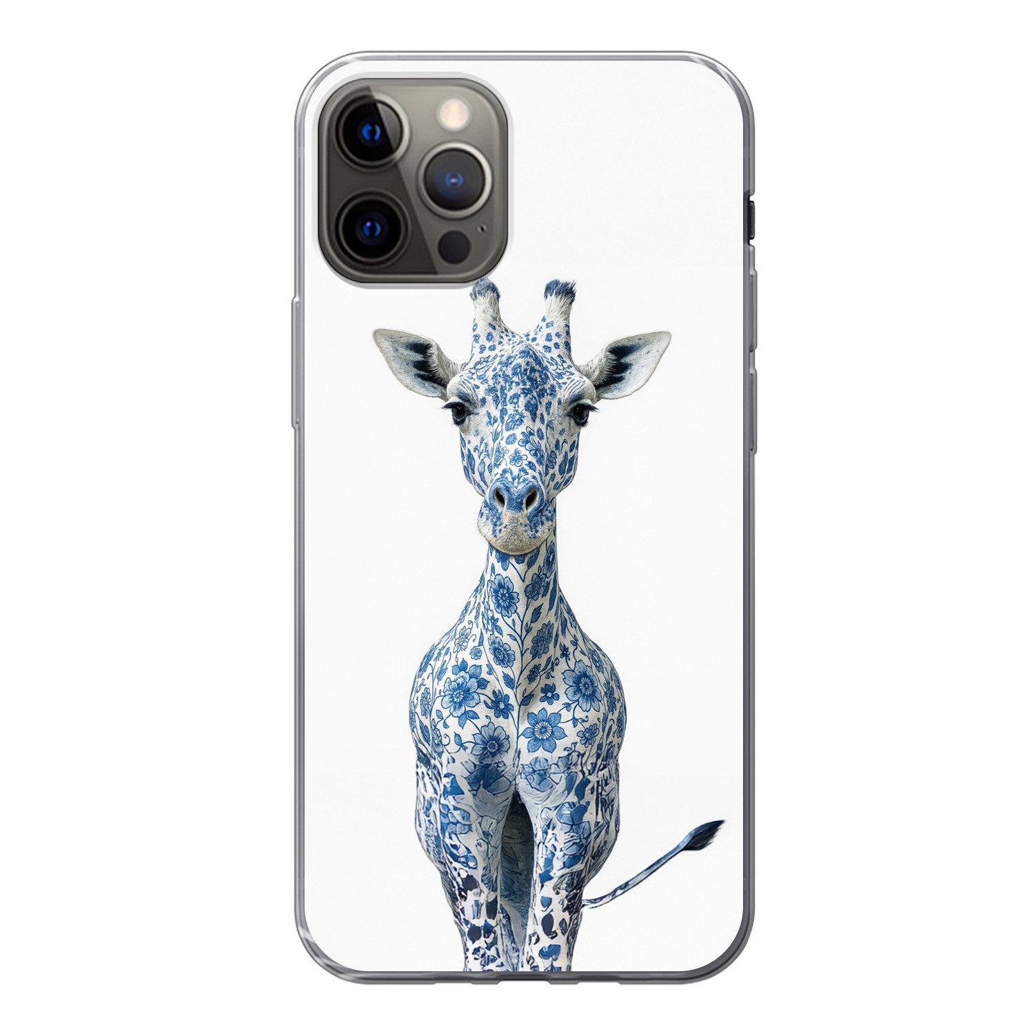 MuchoWow Handyhülle für Apple iPhone 12 Pro Giraffe - Delfter Blau - Tiere - Minimalistisc, Smartphone-Bumper, Print, Handy Schutzhülle Dünn