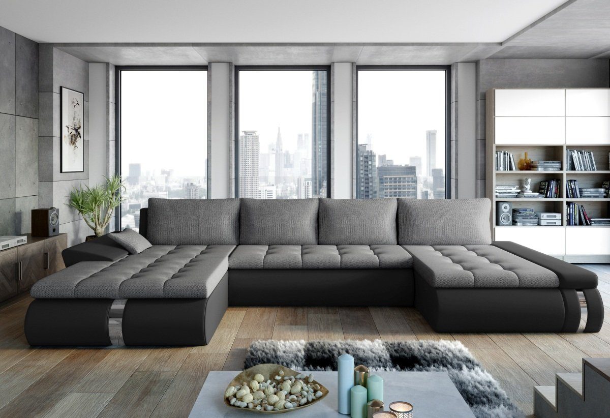 Sofa Dreams Wohnlandschaft Italo U Form, Strukturstoff hellgrau, Kunstleder  schwarz, mit Bettfunktion, mit Bettkasten