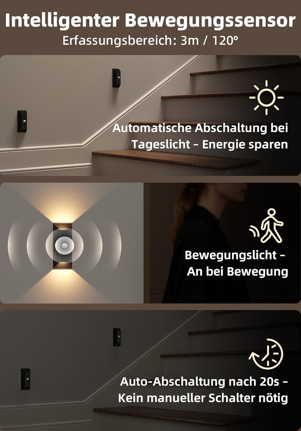 Vornix Wandstrahler Akku Wandleuchte Innen mit Bewegungssensor, 4000mAh Akku Wandlampe mit Fernbedienung, 3 Farben, Timer-Funktion, Wandlicht Up and Down, Aufladbare LED Wandleuchte für Treppe, Flur (1 Stück)
