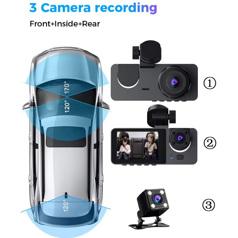 Athlix Dashcam Dreifach-Linsen Autokamera-Rekorder Dash Cam Dashcam (1080P, Loop-Cycle-Aufnahmefunktion, NightShot-Funktion)