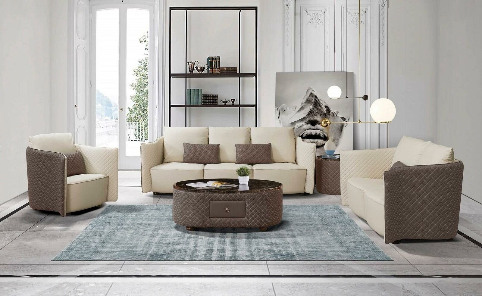 JVmoebel Wohnzimmer-Set Sofa Couch Polster Garnitur 5tlg. Leder Garnituren Couchtisch Tisch, (5-St) Weiß/Silber