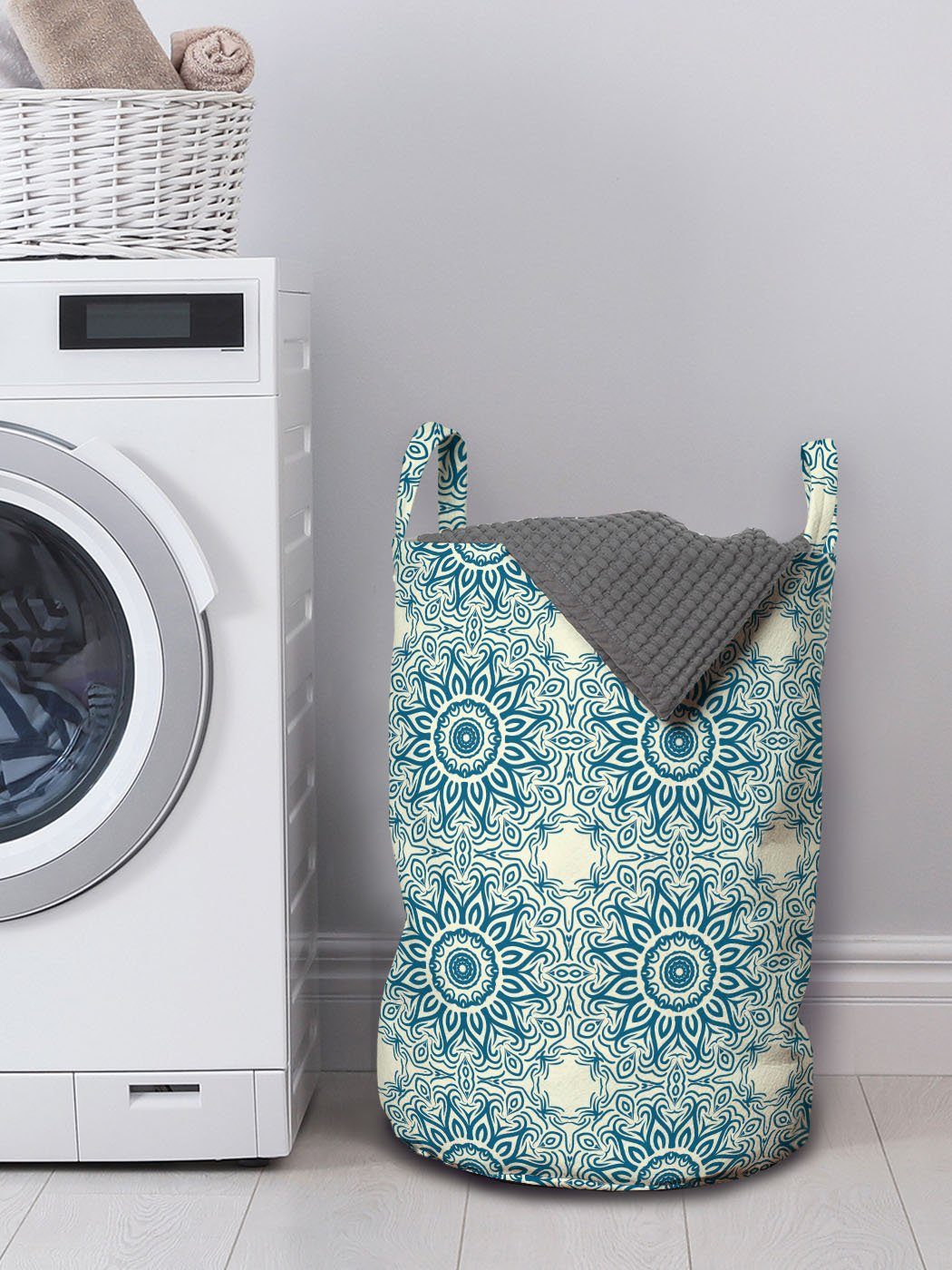 mit abstrakte Waschsalons, Sonnenblume Kordelzugverschluss für Wäschekorb Griffen Mandala Wäschesäckchen Blauer Abakuhaus