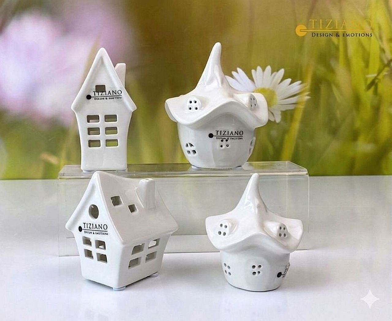 TIZIANO - DESIGN & EMOTIONS Dekoobjekt Deko Minihäuser 4er Set cremeweiß – Keramik Häuser Deko 7,5/10 cm