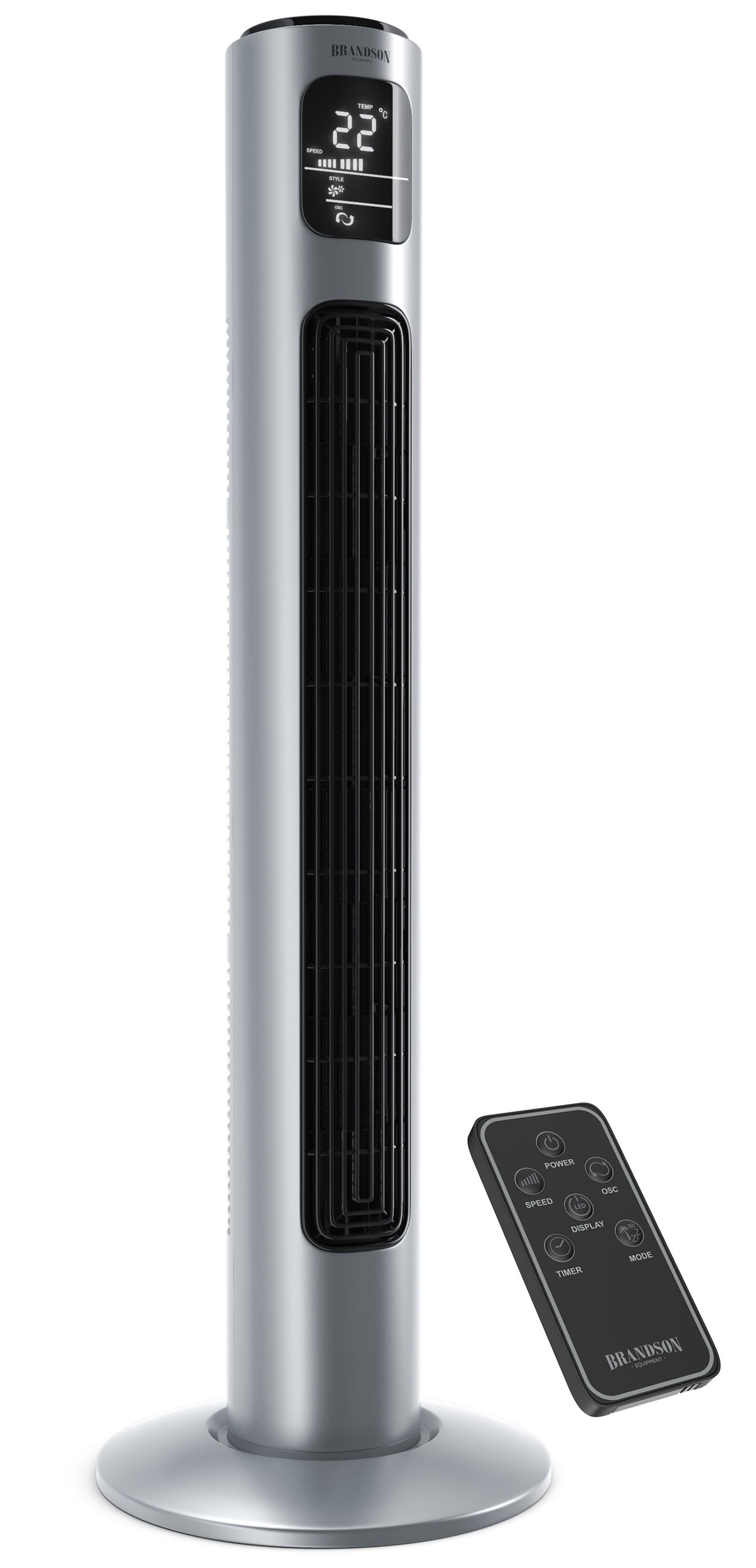 Brandson Turmventilator Oszillation, Timer, Fernbedienung, Standventilator 96cm, Steelsilver, Preisträger 2025, mobiler Lüfter leise, 4 Lüftungs-Modi, GS-Geprüft