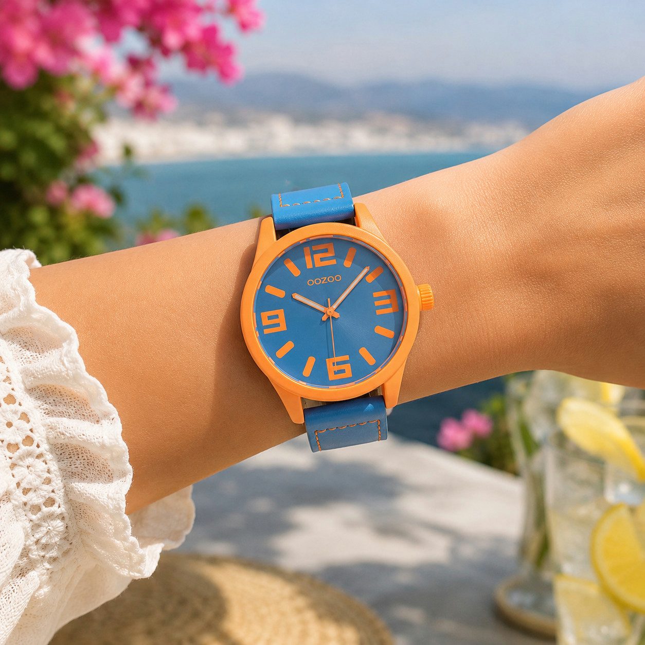 OOZOO Quarzuhr XXL Unisex Uhr C0911 Orange Blau 46 mm Lederband