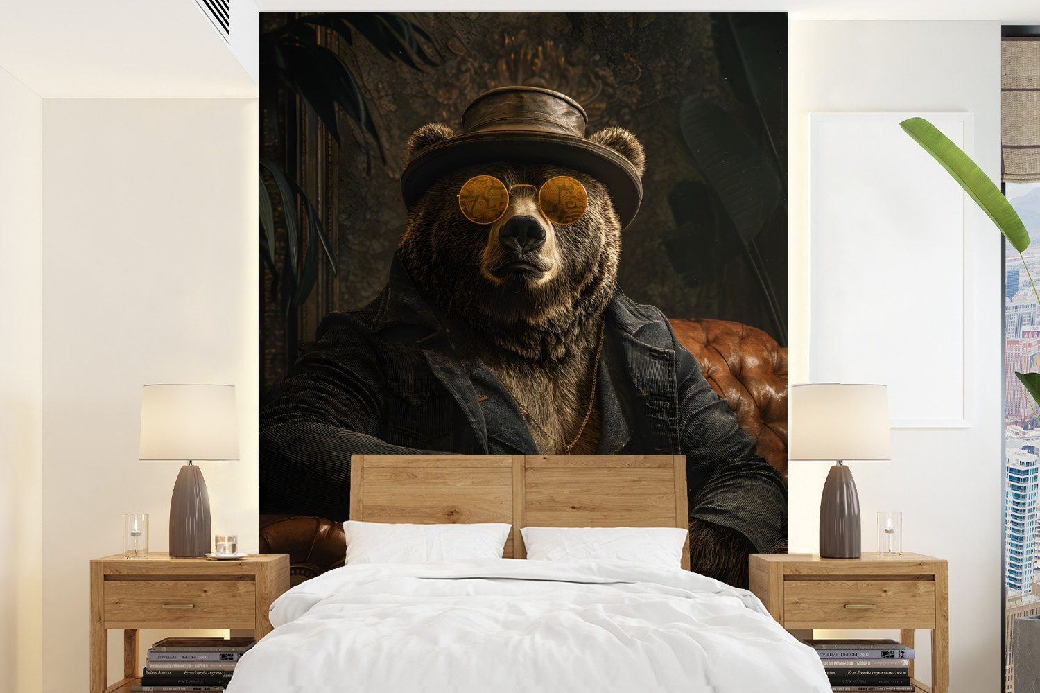 MuchoWow Fototapete Bär - Braun - Anzug - Hut, Matt, bedruckt, Vliestapete für Wohnzimmer Schlafzimmer Küche, Fototapete, 160x220 cm