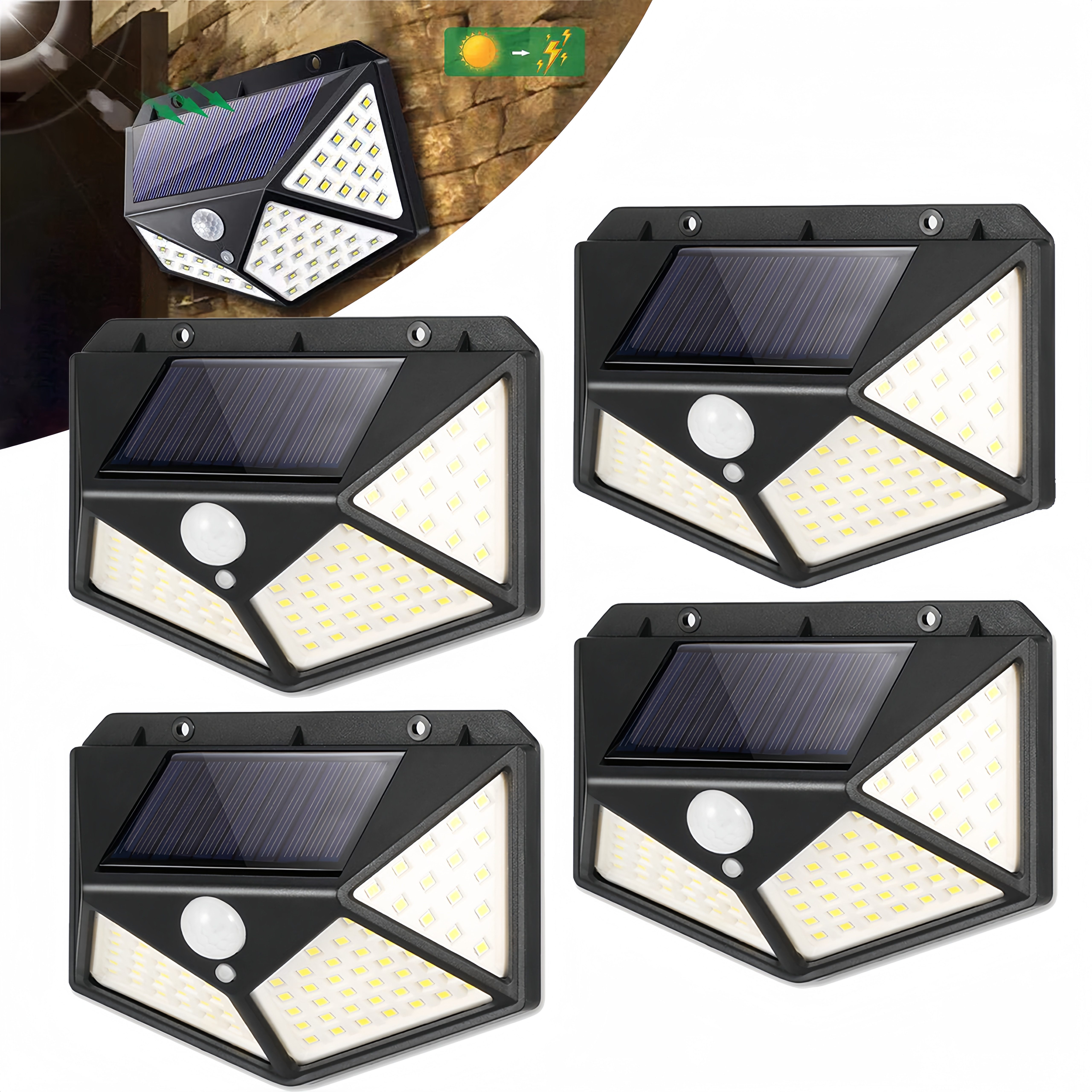 BlingBin LED Solarleuchte Sicherheitsleuchte Solar Wandleuchte 100 LED mit Bewegungssensor 4pcs, PIR Bewegungssensor, LED fest integriert, Tageslichtweiß, Gartenleuchte, Strahler Licht, Treppen Lampe, Wandleuchte, 3 Modi LED