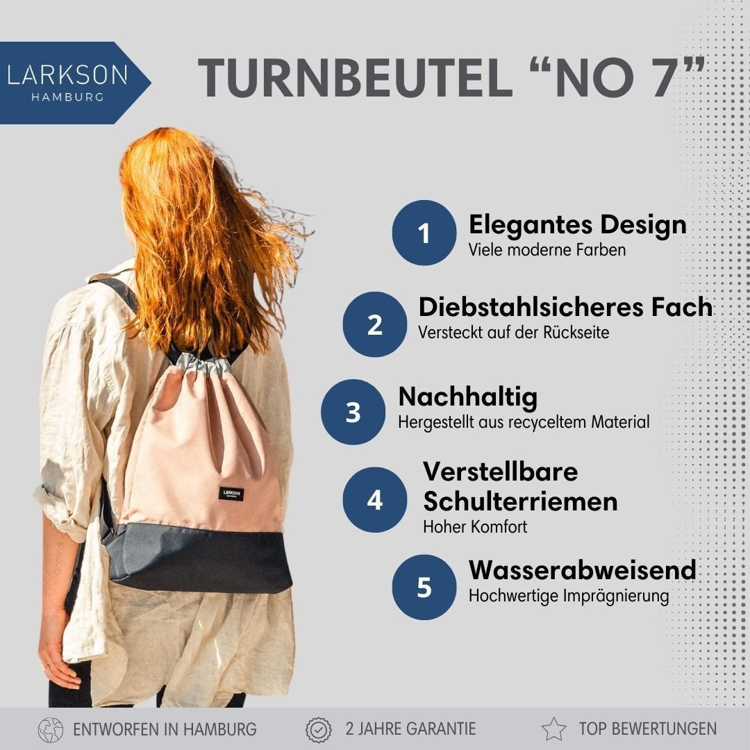 LARKSON Turnbeutel No 7 Turnbeutel Damen Herren (1-tlg), Sporttasche, Anti Diebstahl Seitentasche, Wasserabweisend
