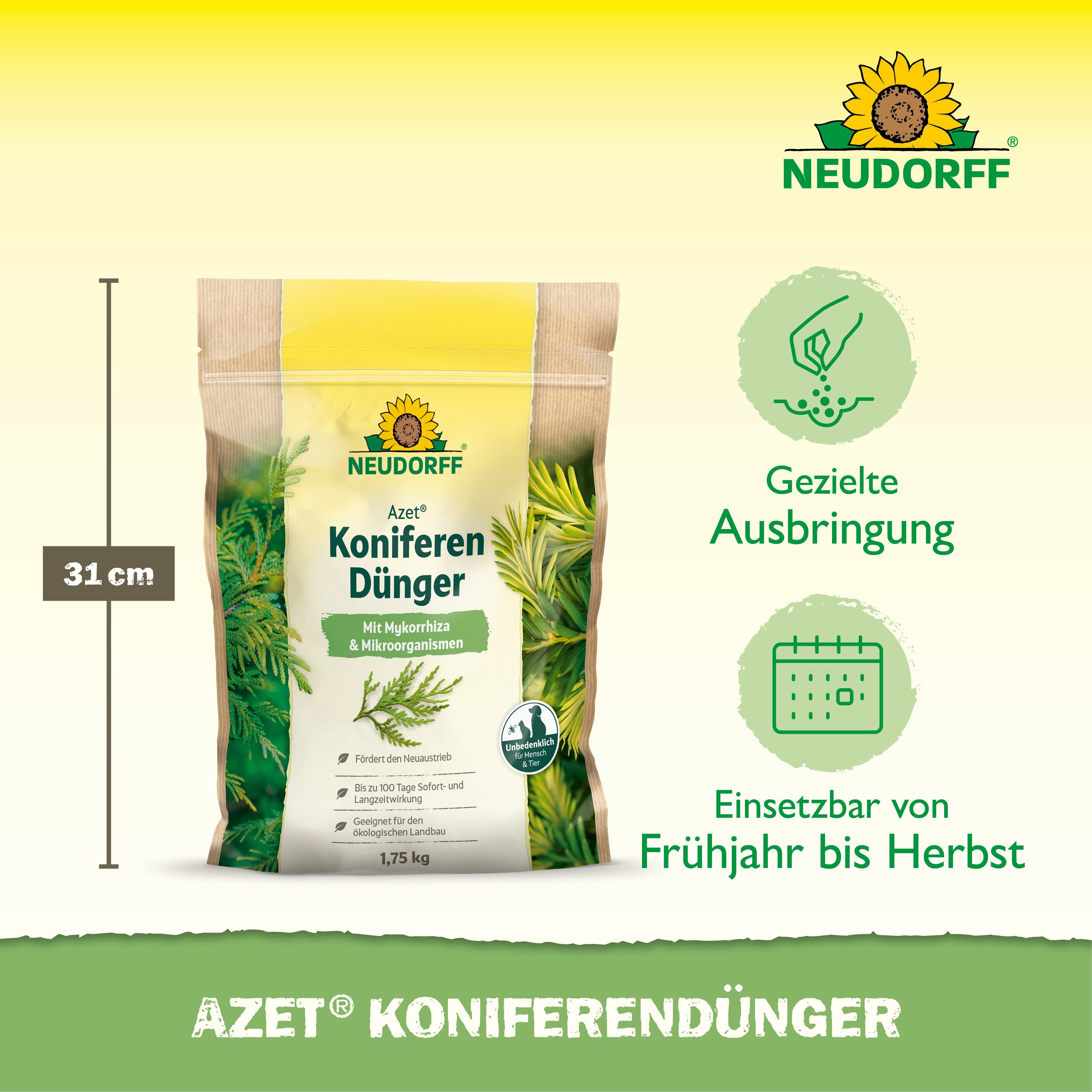 Neudorff Rasendünger Azet KoniferenDünger, Fördert kräftigen Neuaustrieb und eine kräftige Nadelfarbe, Bis zu 100 Tage Nährstoffversorgung für Koniferen, Mit My – Bild 3 von 5