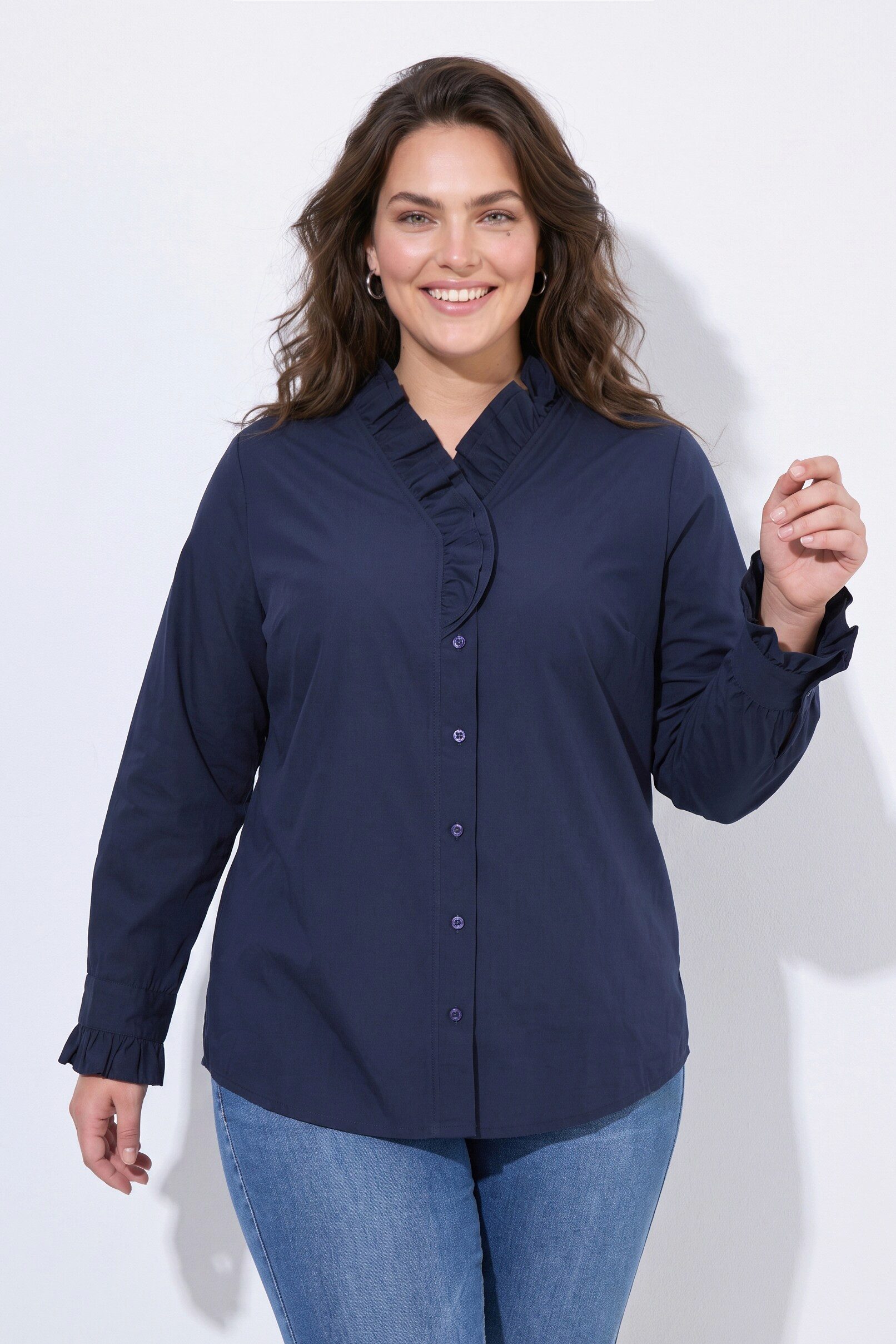 Ulla Popken Longbluse Bluse Rüschenkragen V-Ausschnitt Langarm