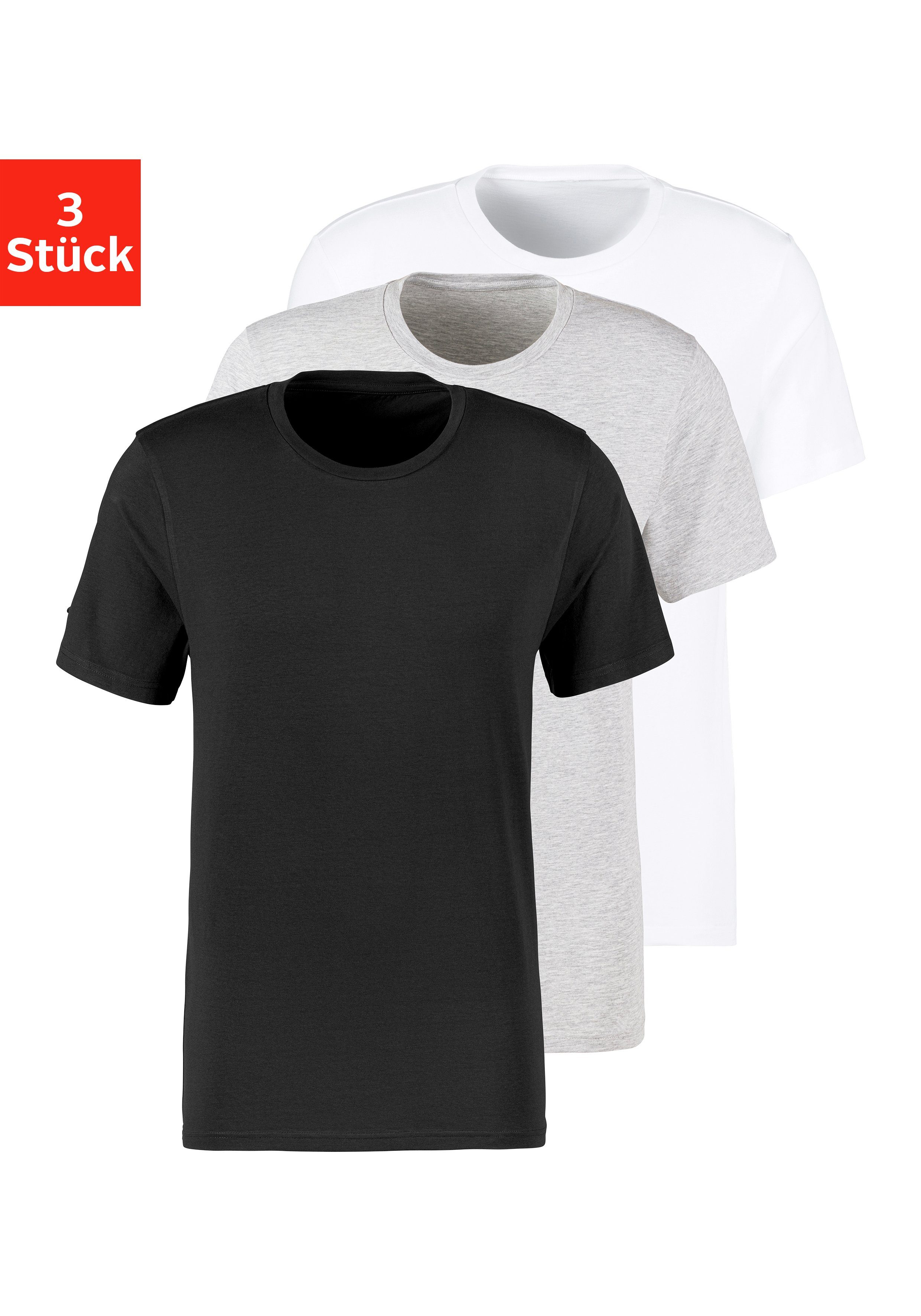 mit 3-tlg) Bruno T-Shirt Banani (Packung, grau-meliert, weiß schwarz, Rundhals-Ausschnitt