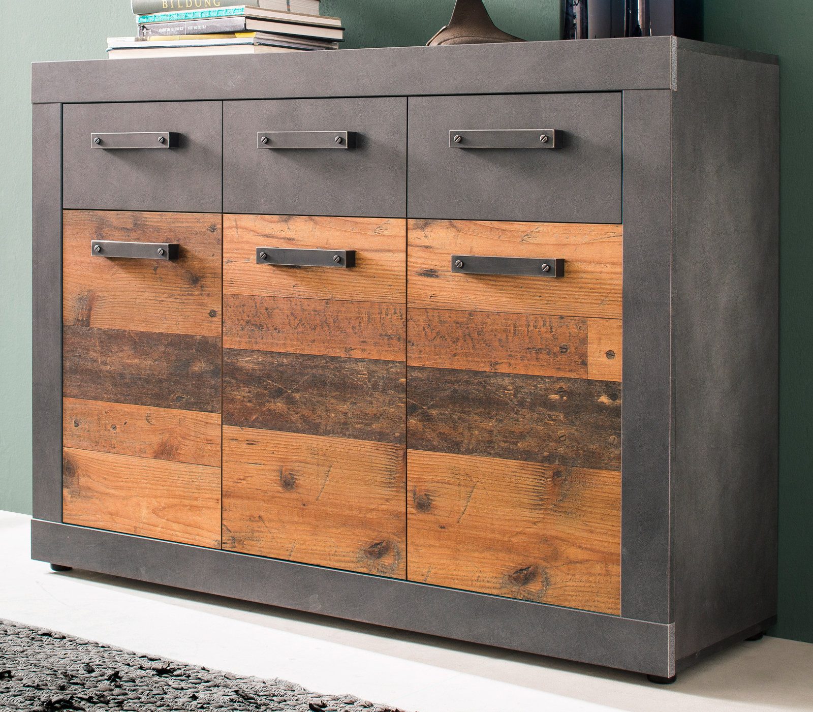 trendteam Kommode Indy (Sideboard in Used Wood Vintage mit grau, 3-türig 117 x 86 cm), mit viel Stauraum