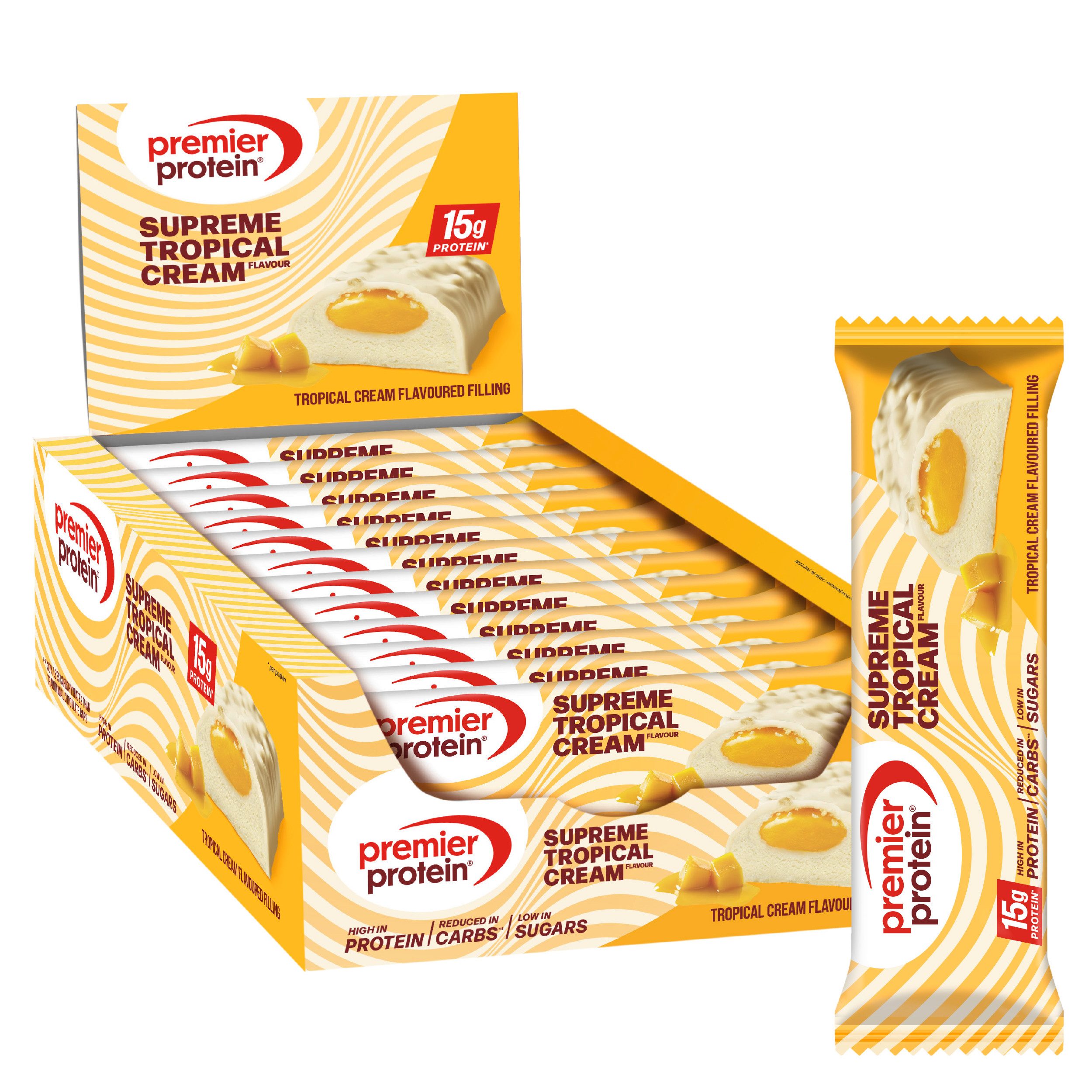 Premier Protein Premier Protein Supreme Bar Tropical Cream 12x42g Low Sugar palmölfrei Riegel, 12 St.