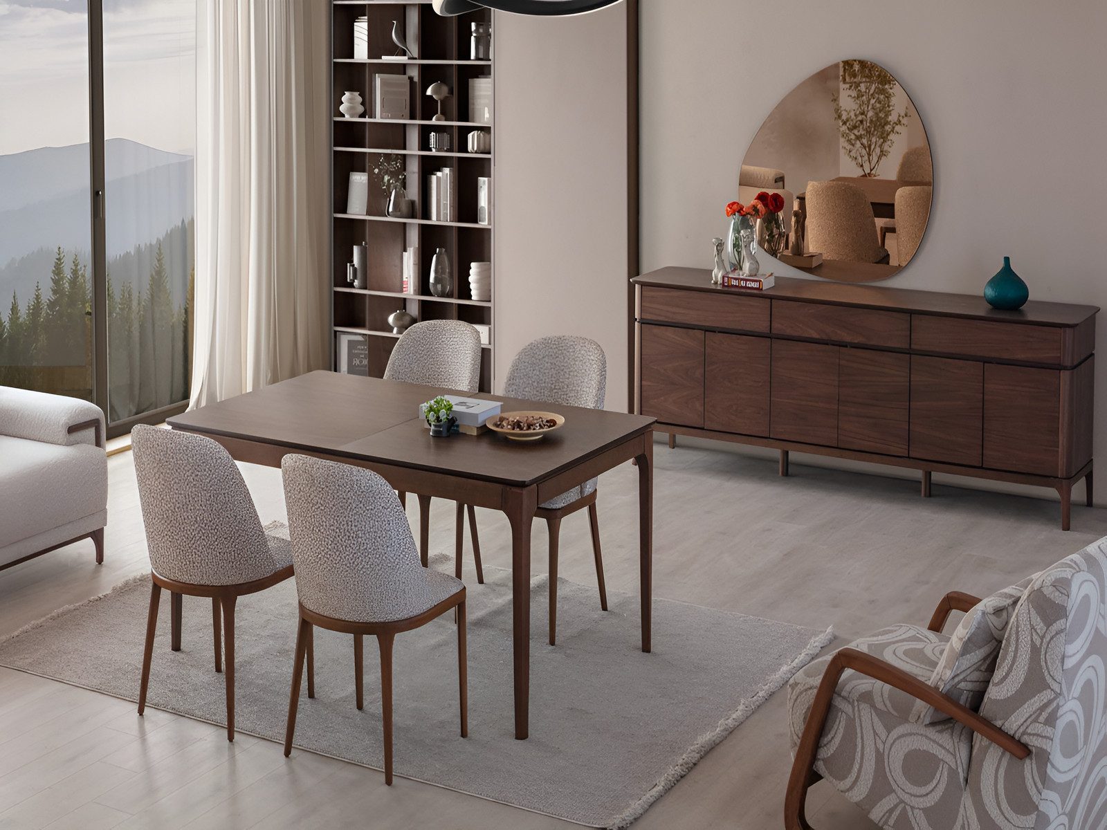 JVmoebel Esszimmer-Set Braun-beiges Holztisch-Set mit Designer-Polsterstühlen, (7-St)