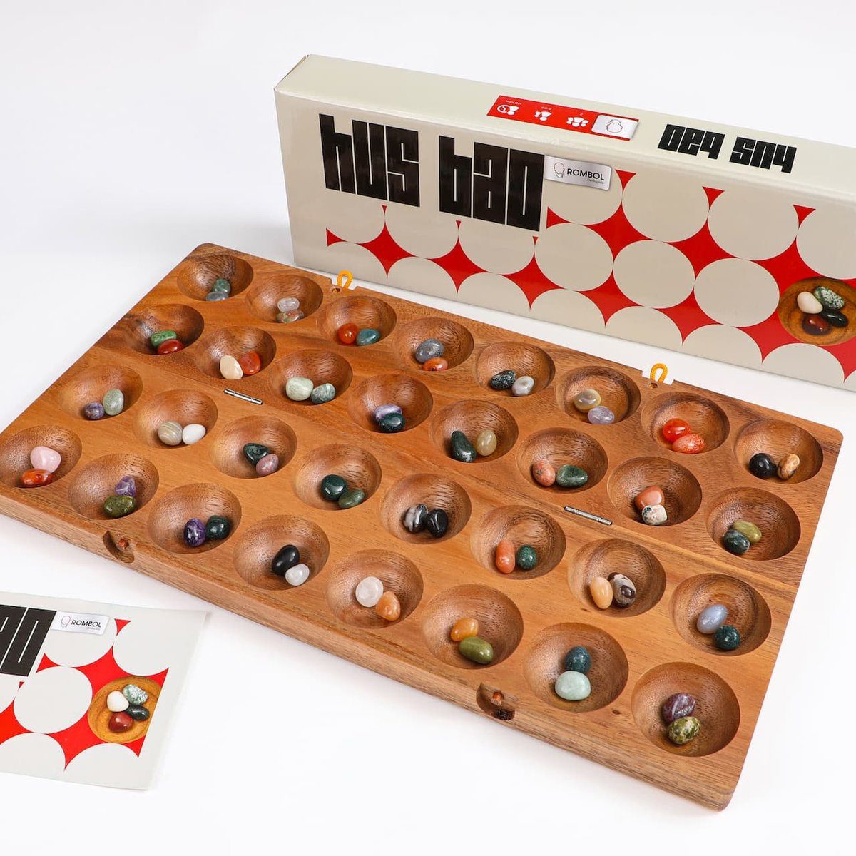 ROMBOL Denkspiele Spiel HUS BAO - hochwertiges Steinchenspiel inkl. Halbedelsteinen, Strategiespiel, Holzspiel
