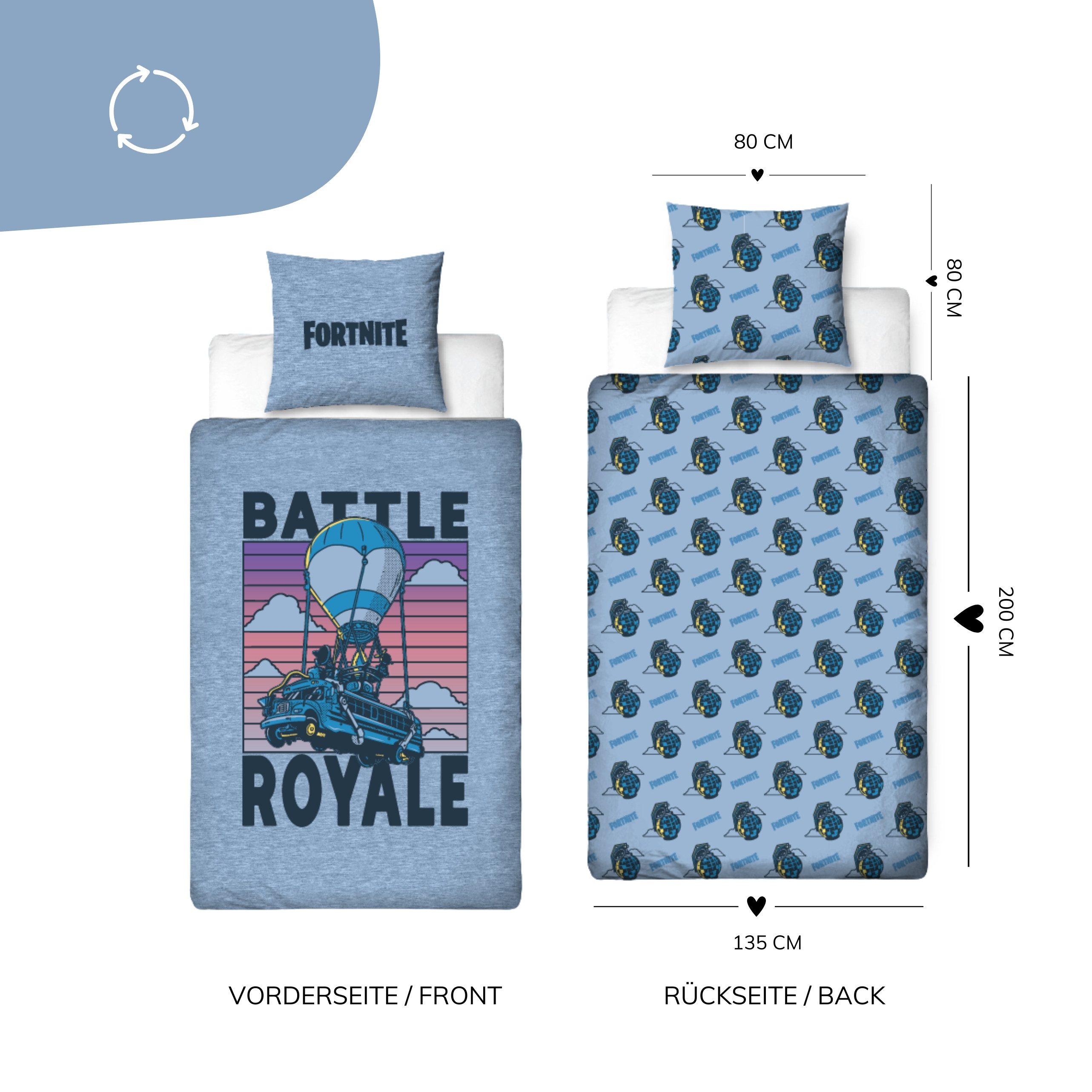 MTOnlinehandel Bettwäsche Fortnite Battle Royale, 135x200 + 80x80 cm, Geschenk für Gamer, 100% Polyester, 2 teilig, Wende-Motiv für Gamer • Battle Bus – Bild 4 von 4
