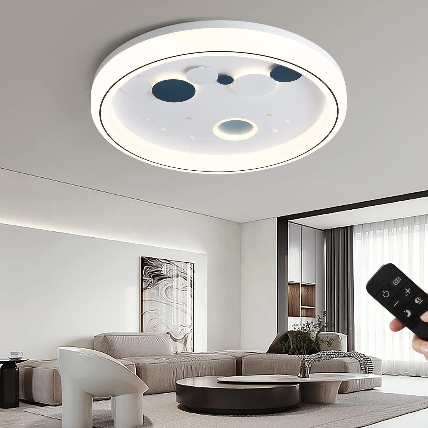 JDONG LED Deckenleuchte Dimmbar mit Fernbedienung 72W Modern Stern-Mond Design, LED fest integriert, Kaltweiß, Warmweiß, Neutralweiß, Farbtemperatur Stufenlos Einstellbar 3000-6500K, für Schlafzimmer Esszimmer Wohnzimmer