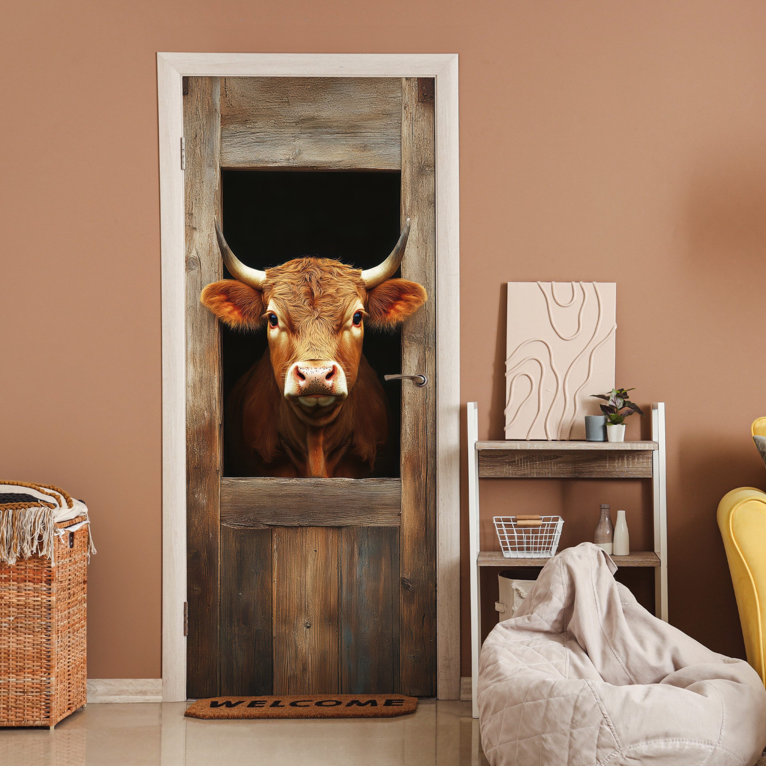 MuchoWow Türtapete Kuh - Fenster - Holz - Tiere, Matt, bedruckt, (1 St), Se günstig online kaufen