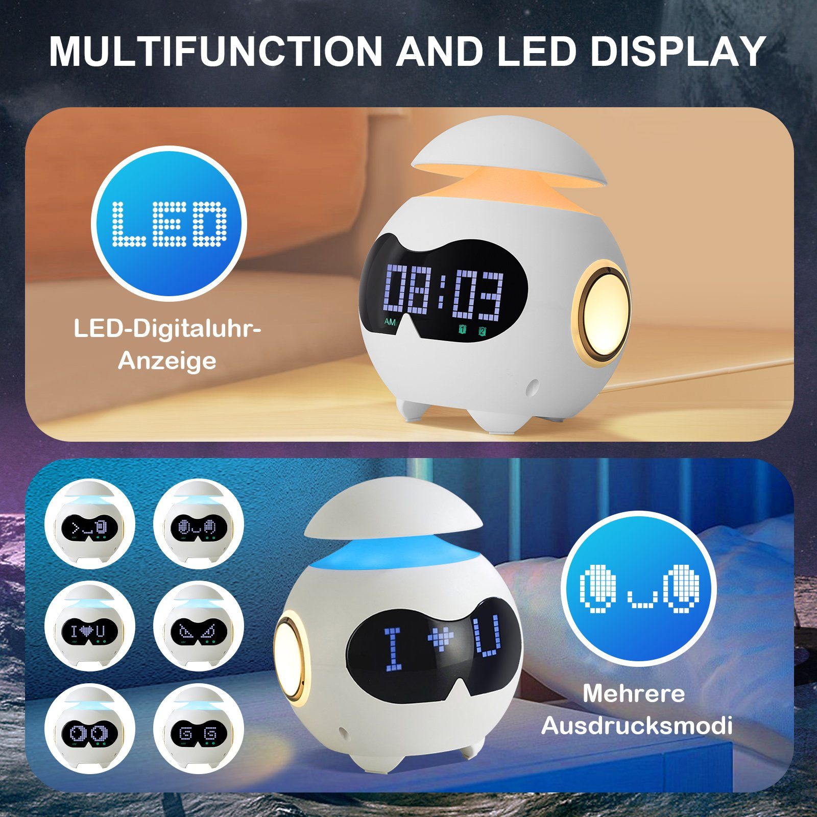 MUPOO Tageslichtwecker Kinderwecker LED Nachtlicht USB, Emotionen,Bluetooth als Geschenk Wecker mit Licht,LED fest integriert
